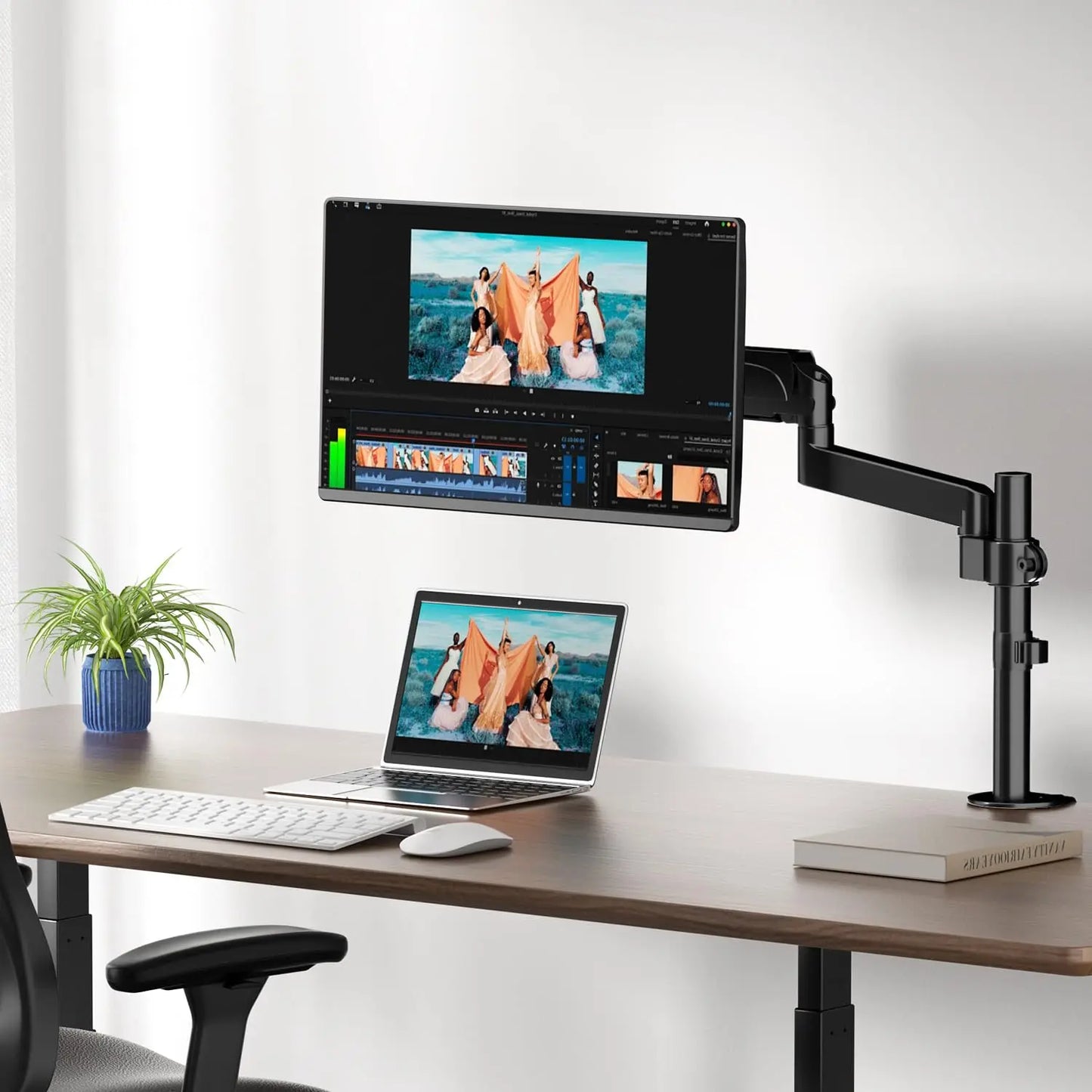 PUTORSEN Monitor Arm mit Laptop Halterung für 17 bis 32 Zoll LCD LED Bildschirm & bis zu 17 Zoll Notebook, 55,5 cm Höhenverstellung(30.8 cm Stange), Neigen, Schwenken & Drehen PUTORSEN