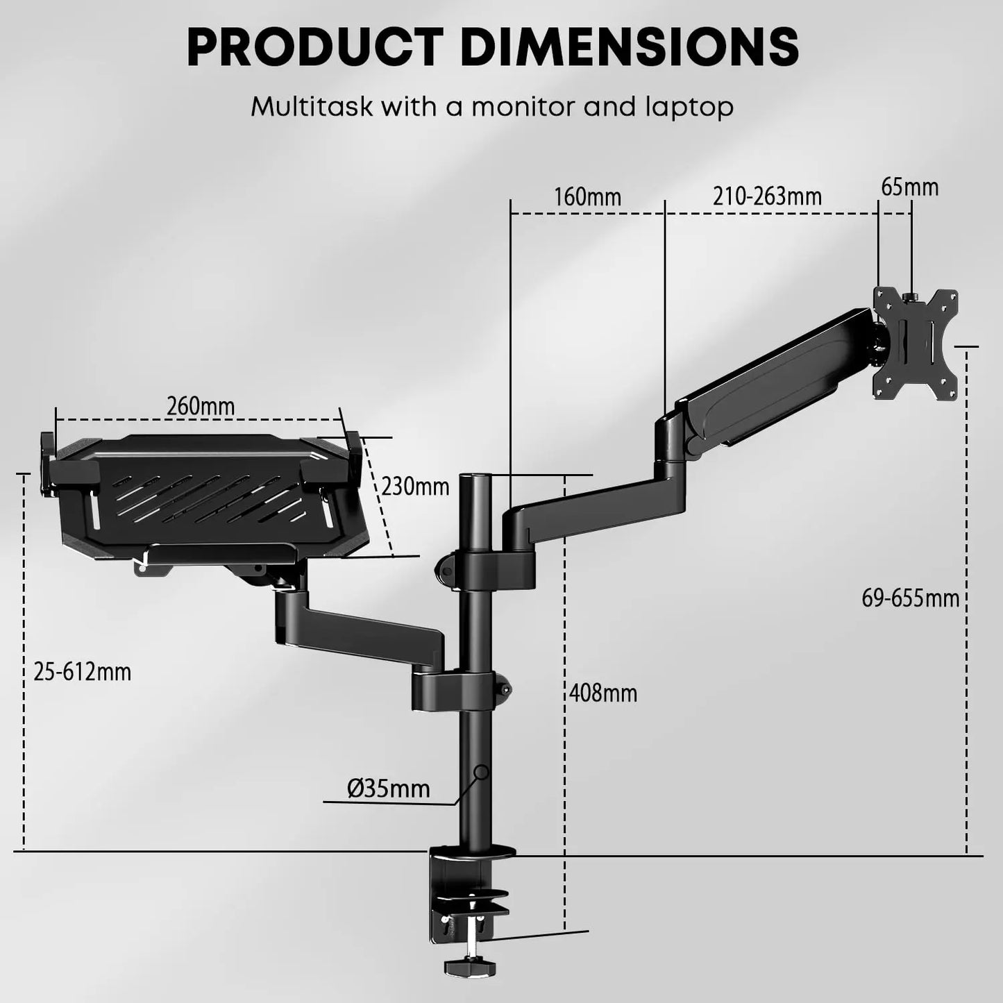 PUTORSEN Monitor Halterung mit Laptop Arm für 17-32 Zoll Bildschirm bis zu 18" Notebook, Vollständig Verstellbarer Federgestützter Monitorarm Höhenverstellbar mit Klammer, VESA 75x75/100x100mm PUTORSEN