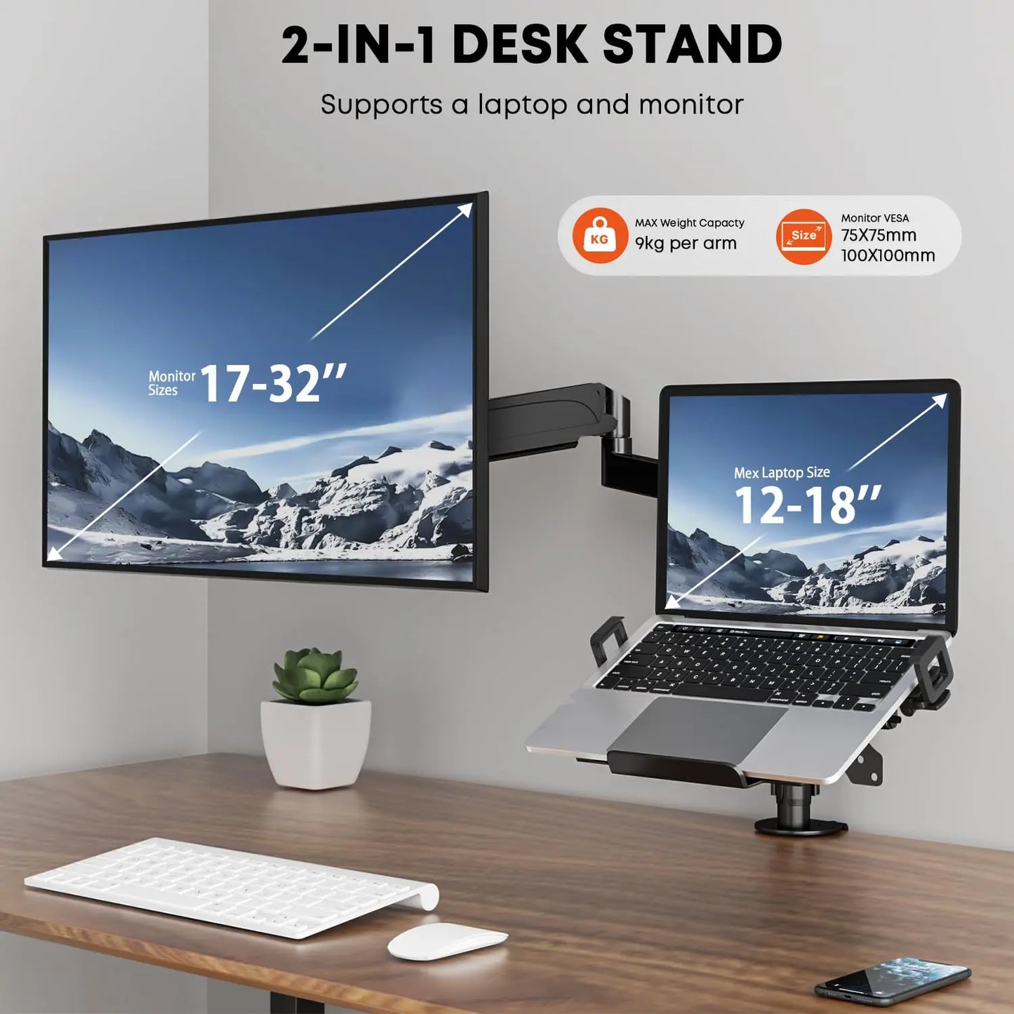 PUTORSEN Monitor Halterung mit Laptop Arm für 17-32 Zoll Bildschirm bis zu 18" Notebook, Vollständig Verstellbarer Federgestützter Monitorarm Höhenverstellbar mit Klammer, VESA 75x75/100x100mm PUTORSEN