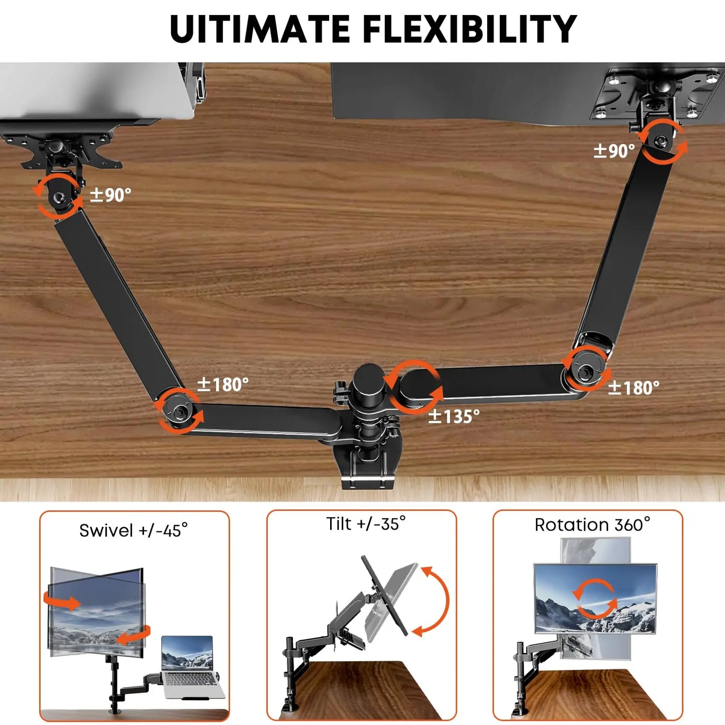 PUTORSEN Monitor Halterung mit Laptop Arm für 17-32 Zoll Bildschirm bis zu 18" Notebook, Vollständig Verstellbarer Federgestützter Monitorarm Höhenverstellbar mit Klammer, VESA 75x75/100x100mm PUTORSEN