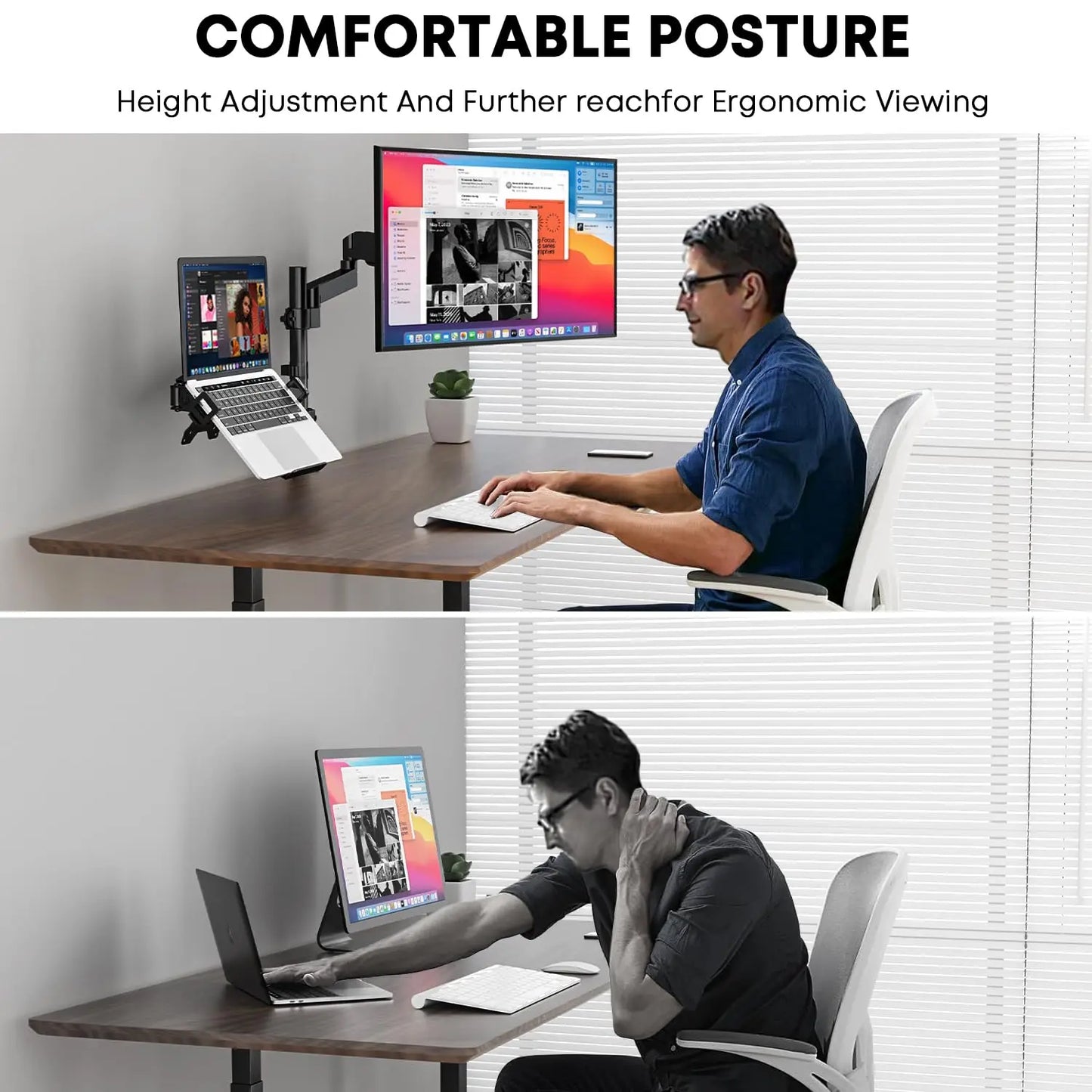PUTORSEN Monitor Halterung mit Laptop Arm für 17-32 Zoll Bildschirm bis zu 18" Notebook, Vollständig Verstellbarer Federgestützter Monitorarm Höhenverstellbar mit Klammer, VESA 75x75/100x100mm PUTORSEN
