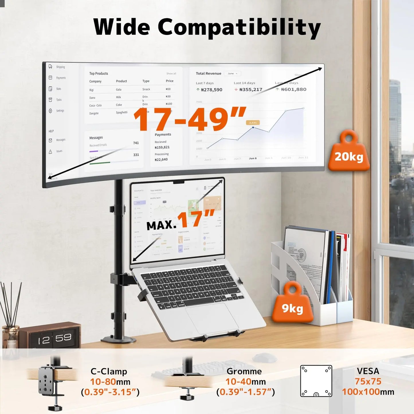 PUTORSEN Monitor Mount with Laptop Arm for 17 to 49 Inch Screens and Notebooks up to 17 Inches, Tilting Swiveling Rotating, 81.8cm Pole Height Adjustable Monitor Arm PUTORSEN