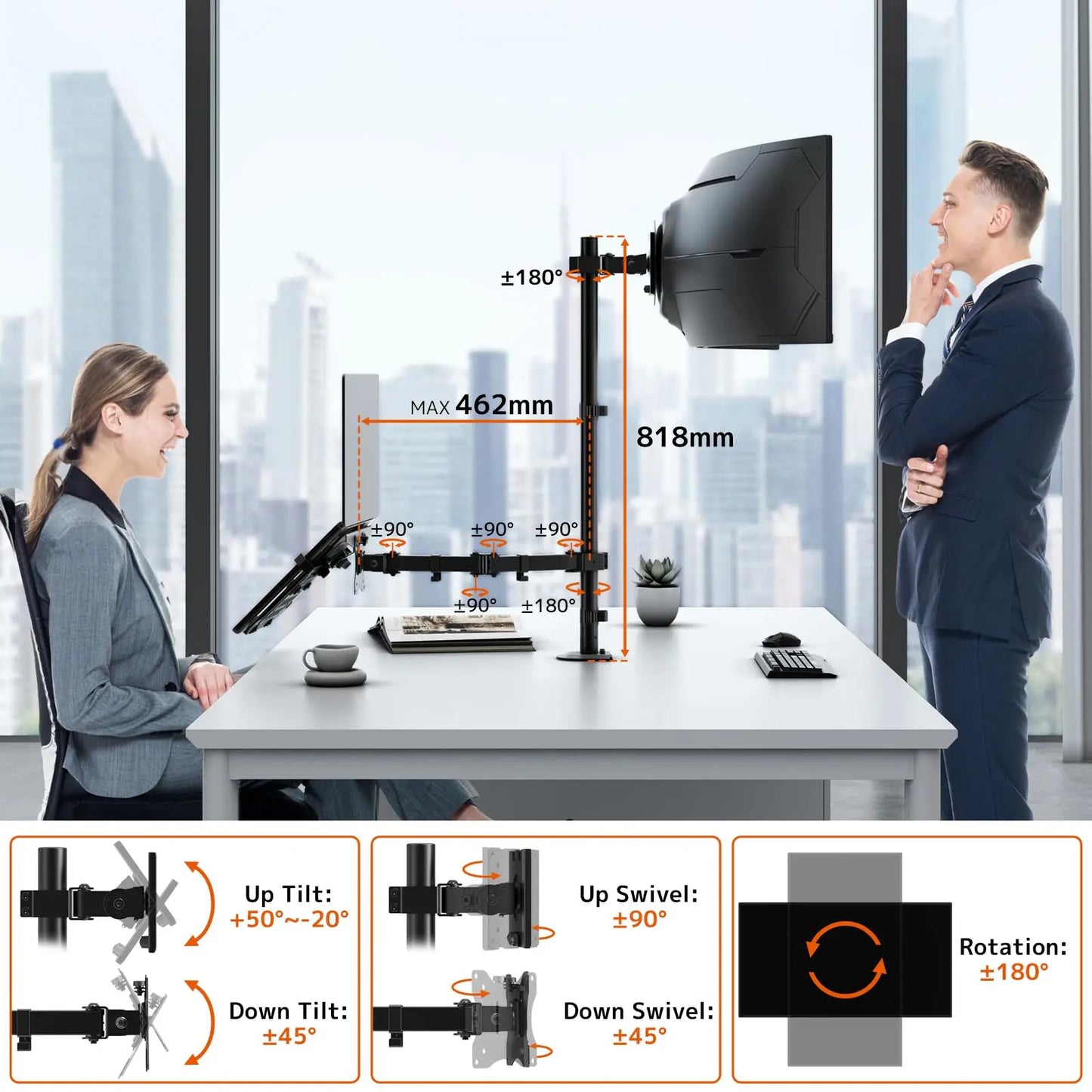 PUTORSEN Monitor Mount with Laptop Arm for 17 to 49 Inch Screens and Notebooks up to 17 Inches, Tilting Swiveling Rotating, 81.8cm Pole Height Adjustable Monitor Arm PUTORSEN