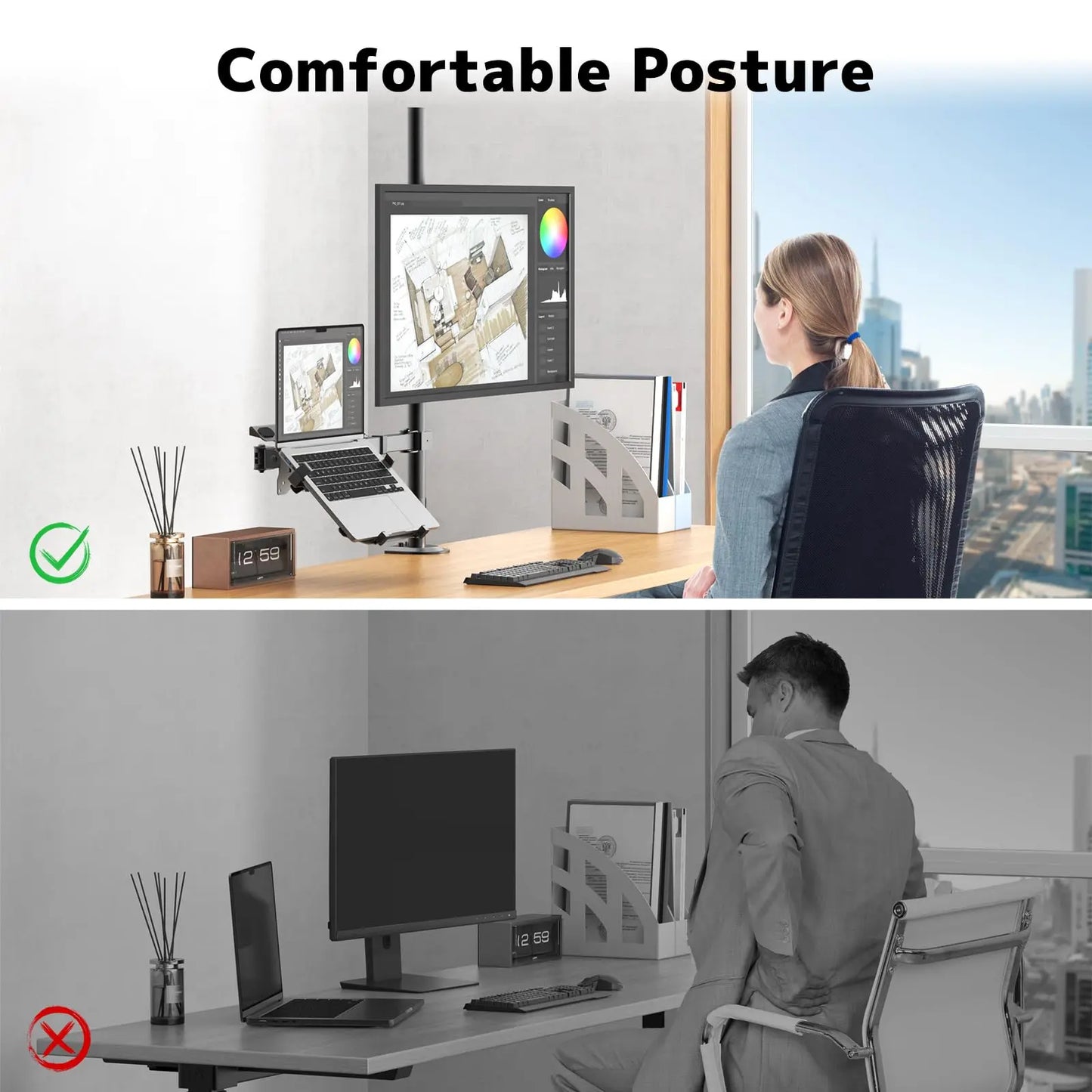 PUTORSEN Monitor Mount with Laptop Arm for 17 to 49 Inch Screens and Notebooks up to 17 Inches, Tilting Swiveling Rotating, 81.8cm Pole Height Adjustable Monitor Arm PUTORSEN