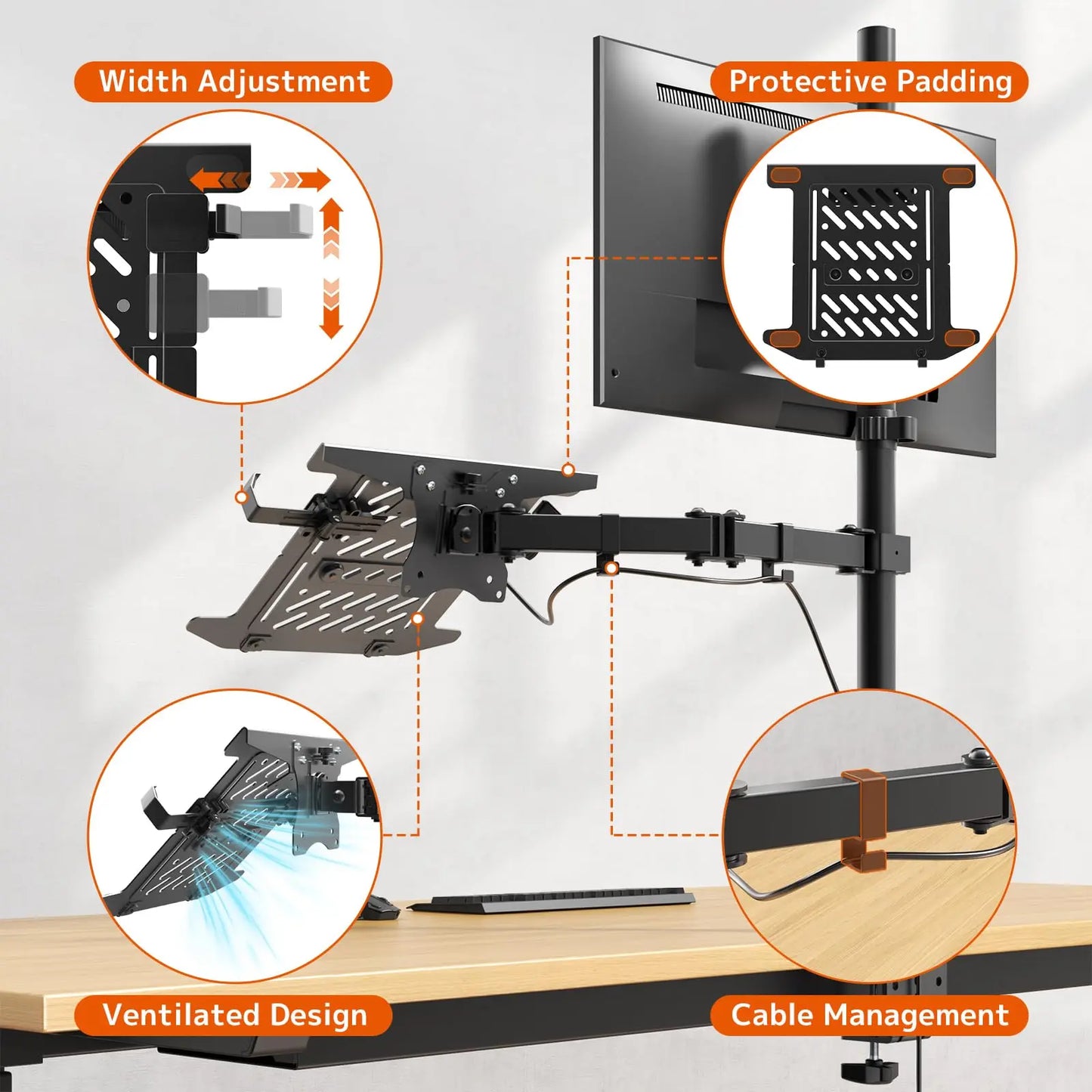 PUTORSEN Monitor Mount with Laptop Arm for 17 to 49 Inch Screens and Notebooks up to 17 Inches, Tilting Swiveling Rotating, 81.8cm Pole Height Adjustable Monitor Arm PUTORSEN