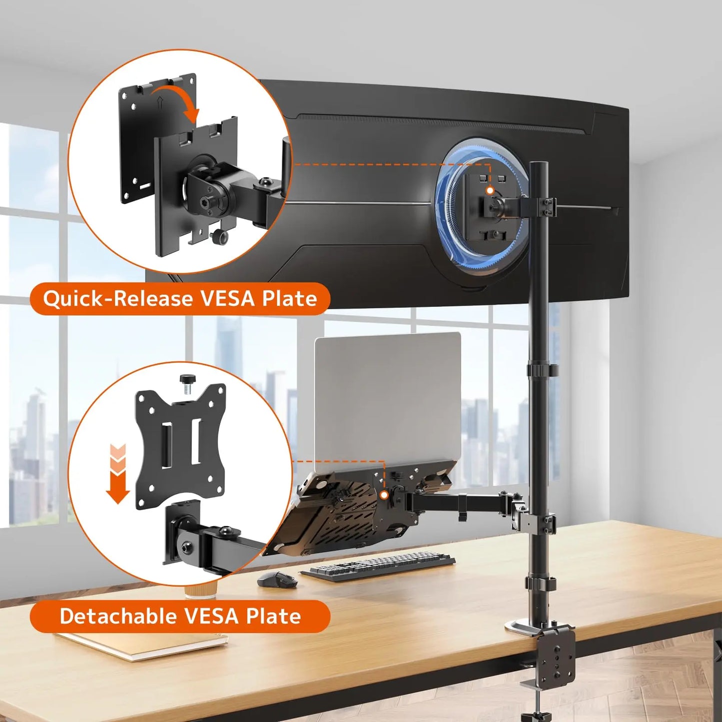 PUTORSEN Monitor Mount with Laptop Arm for 17 to 49 Inch Screens and Notebooks up to 17 Inches, Tilting Swiveling Rotating, 81.8cm Pole Height Adjustable Monitor Arm PUTORSEN