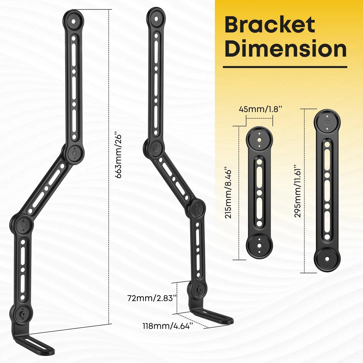 PUTORSEN Soundbar Mount Bracket for Mounting Under or Above TV, Fits Most Sound Bars Up to 33 Lbs, for Max 90'' TV, with 3 Extension Arms and 1 L-Brackets PUTORSEN
