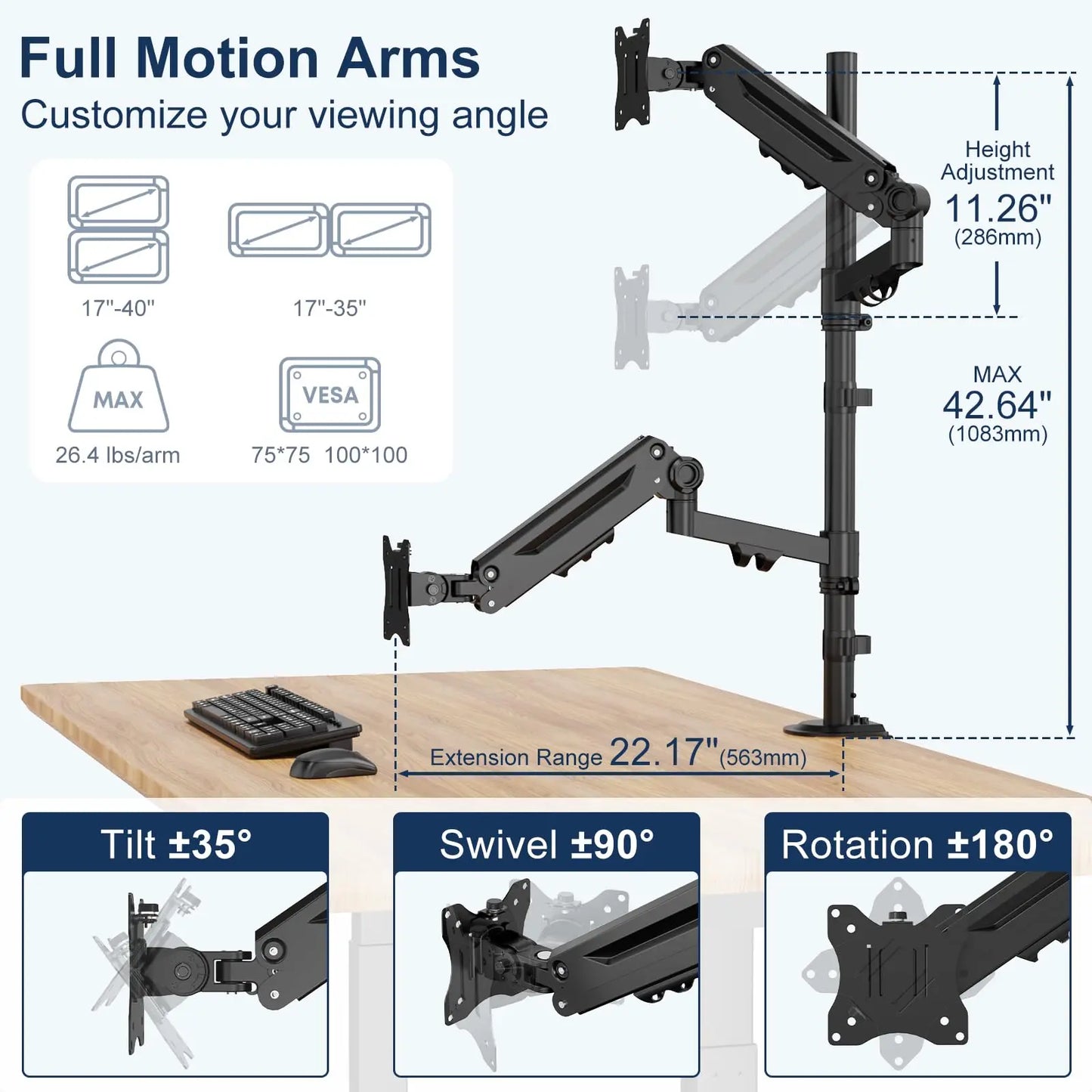 PUTORSEN Stacked Monitor Mount - Extra Tall Vertical Monitors Stand for 17-40 Inch Screen, Fully Adjustable and Hold 26.4 lbs per Arm, VESA 75/100 mm PUTORSEN