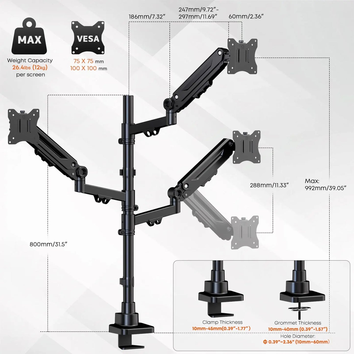 PUTORSEN Triple Monitor Mount for 17-35-inch Screens - Heavy Duty Triple Monitor Arm Desk Mount for Ultrawide Monitors, Fully Adjustment, Max Load 12KG per Screen, Black PUTORSEN