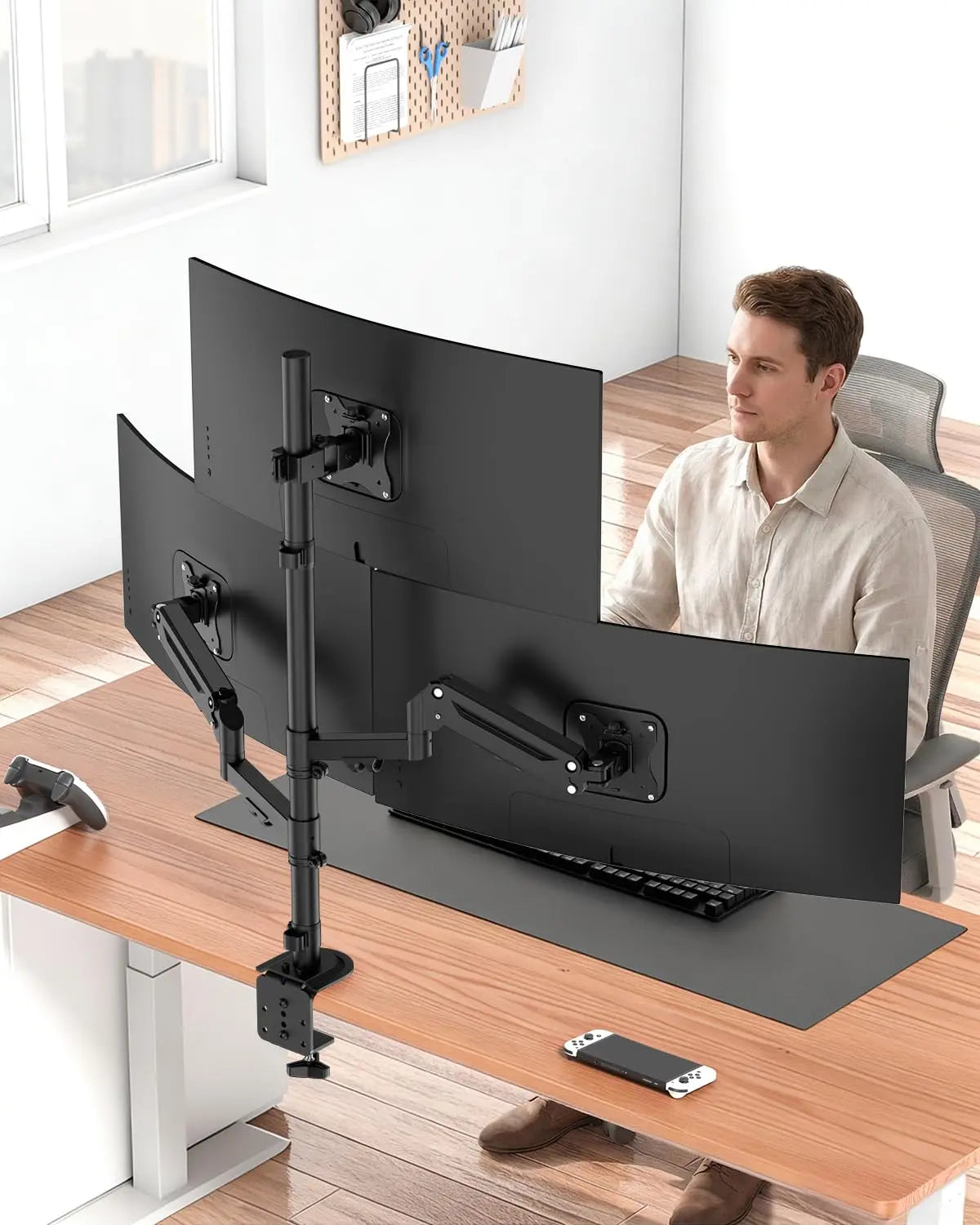 PUTORSEN Triple Monitor Mount for up to 32-inch Screens, Heavy Duty 3 Monitor Desk Mount with Gas Spring Arms, Fully Adjustable Tilt Swivel Rotation, Holds 19.8 lbs per Arm PUTORSEN