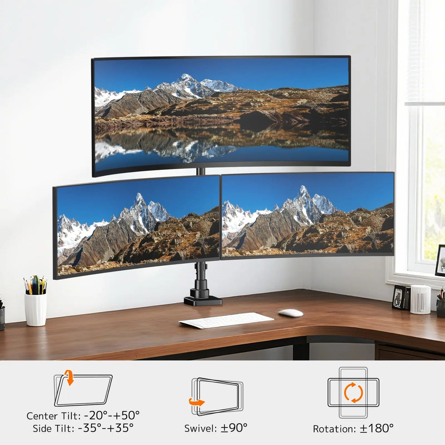 PUTORSEN Triple Monitor Mount up to 49 inches, Fully Adjustable Heavy Duty 3 Monitor Arm with Gas Spring, Desk Mount for 3 Screens, C-Clamp & Grommet Base, Holds 44 lbs PUTORSEN