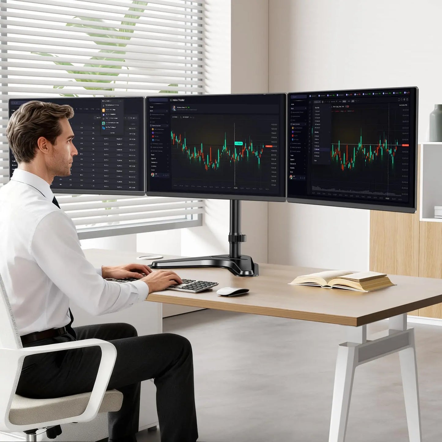 PUTORSEN Triple Monitor Stand, Heavy Fully Adjustable Motion Mount Fits 3 Screens up to 27 inche, Free Standing Desk Stand with Base and Cable Management PUTORSEN