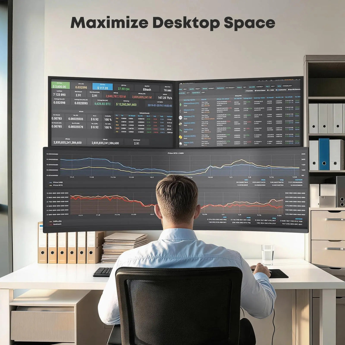 PUTORSEN Triple Monitor Wall Mount for Screens Up to 49", Total Load Capacity 44 lbs, Accommodates 49" Ultrawide Center Screen and Two 34" Side Displays, Side Arms Height Adjustable ±1.57", Built-in Cable Management, VESA 75/100mm, Black PUTORSEN
