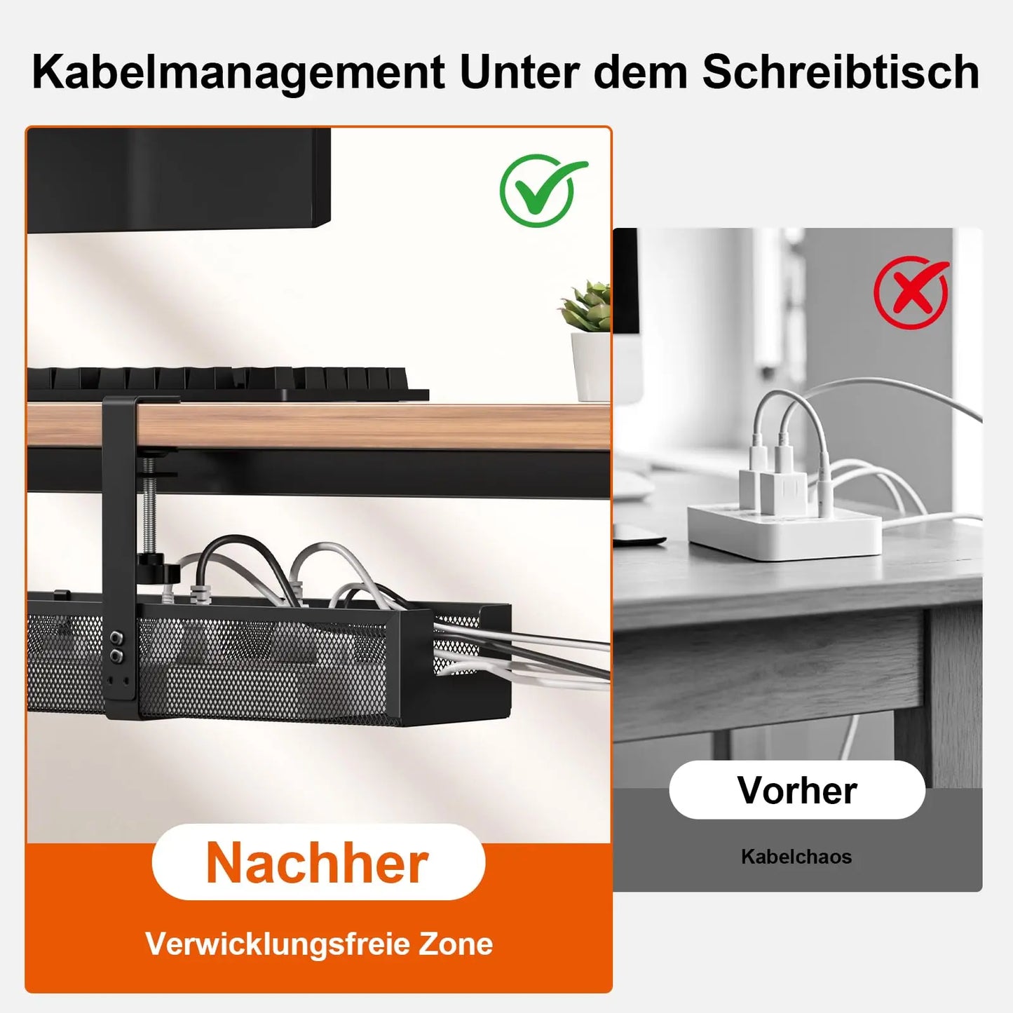 PUTORSEN Under-Desk Cable Management Tray - No Drilling Required, Cable Tray for Managing Cables and Power Strips, Desk Cable Management for Office and Home PUTORSEN