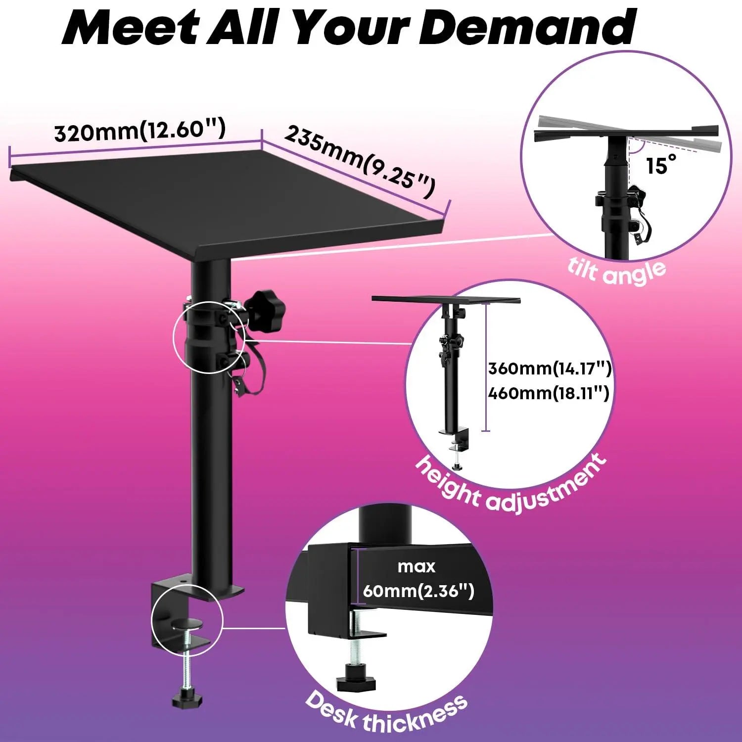 PUTROSEN Speaker Stand Pair Height Adjustable Tiltable,Speaker Stand with Table Clamp,Anti-Slip Pad,Speaker Stand Load Capacity up to 12 kg,Ideal for Desk,DJ Table or Recording Studio PUTORSEN