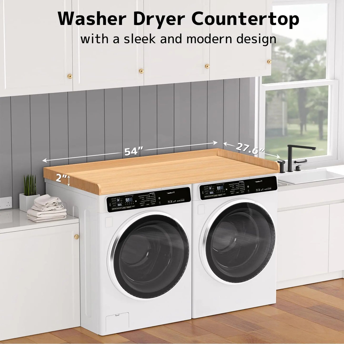 Washer Dryer Countertop 54''W x 27.5" D - Wood Laundry Countertop with Edge Rails, Space-Saving Washer Dryer Topper for Laundry Room Organization and Storage, MDF, Light Wood PUTORSEN