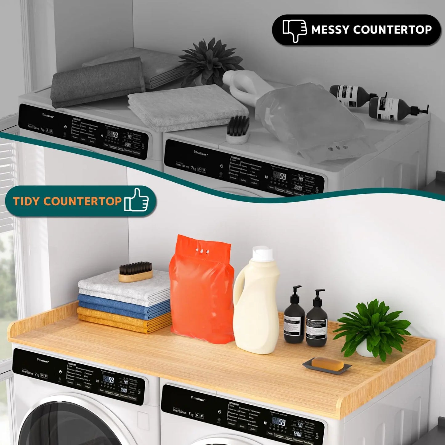 Washer Dryer Countertop 54''W x 27.5" D - Wood Laundry Countertop with Edge Rails, Space-Saving Washer Dryer Topper for Laundry Room Organization and Storage, MDF, Light Wood PUTORSEN