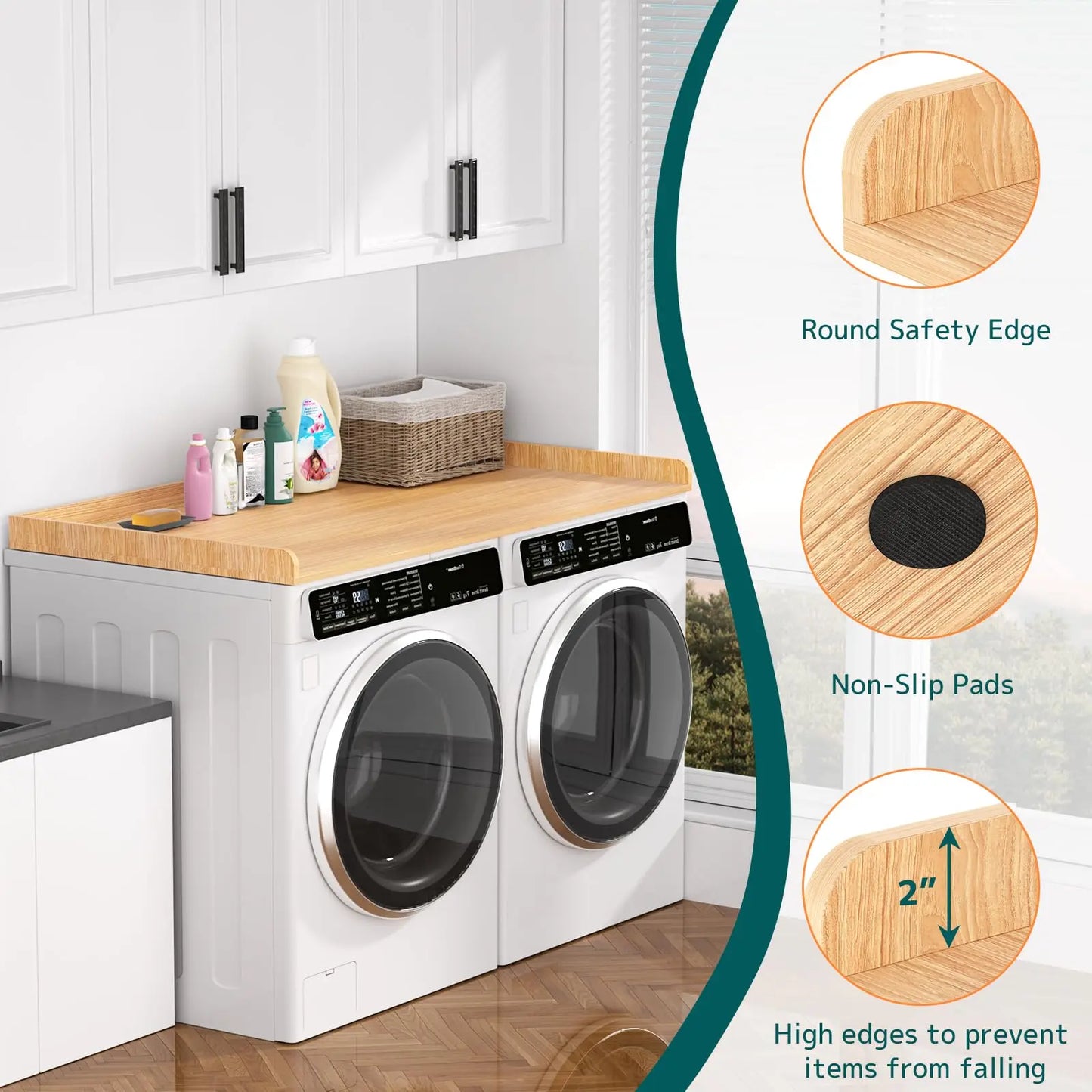Washer Dryer Countertop 54''W x 27.5" D - Wood Laundry Countertop with Edge Rails, Space-Saving Washer Dryer Topper for Laundry Room Organization and Storage, MDF, Light Wood PUTORSEN