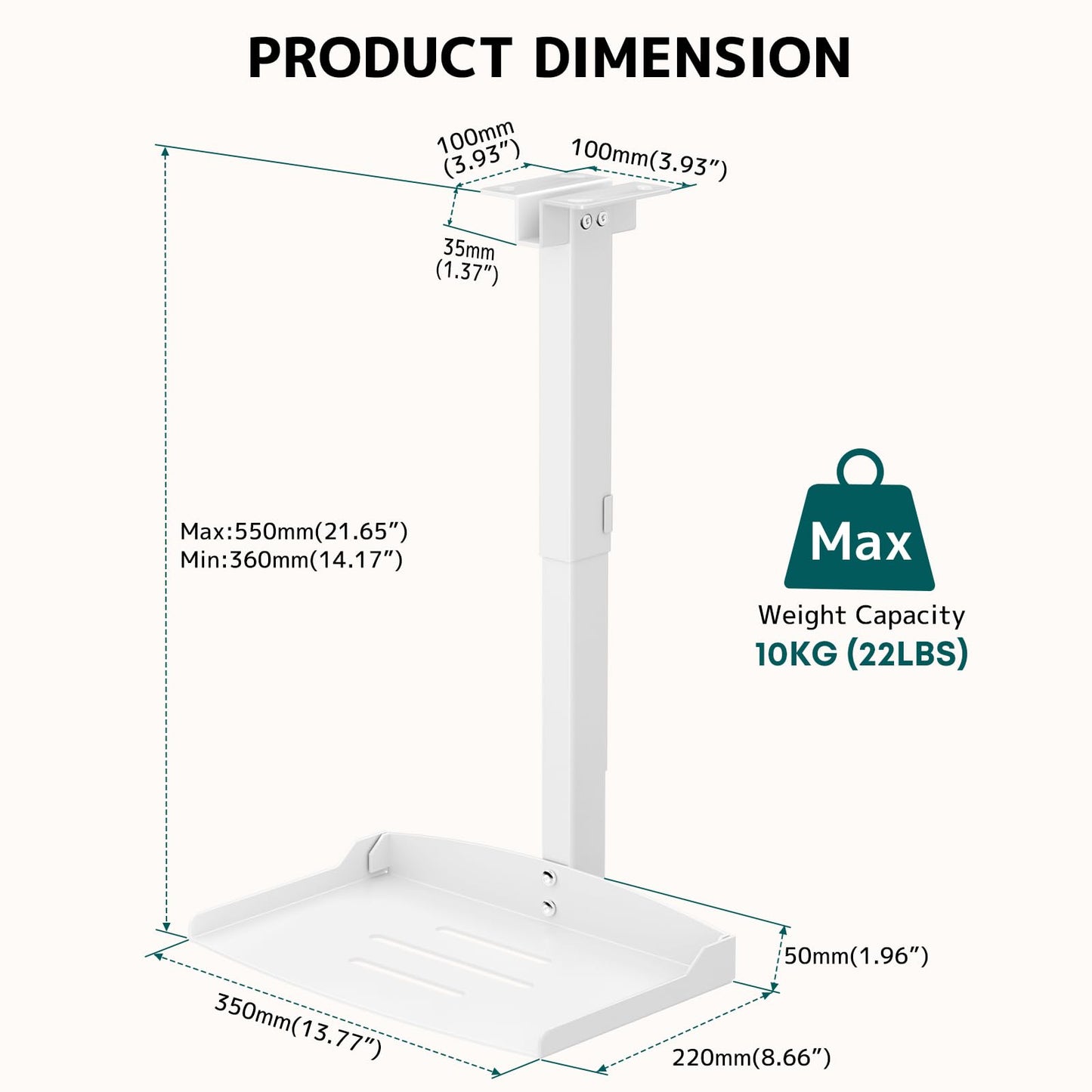 Projector Ceiling Mount with Tray, No Hole Installation, Holds up to 22 lbs – Ideal for Home Theater & Office (White)