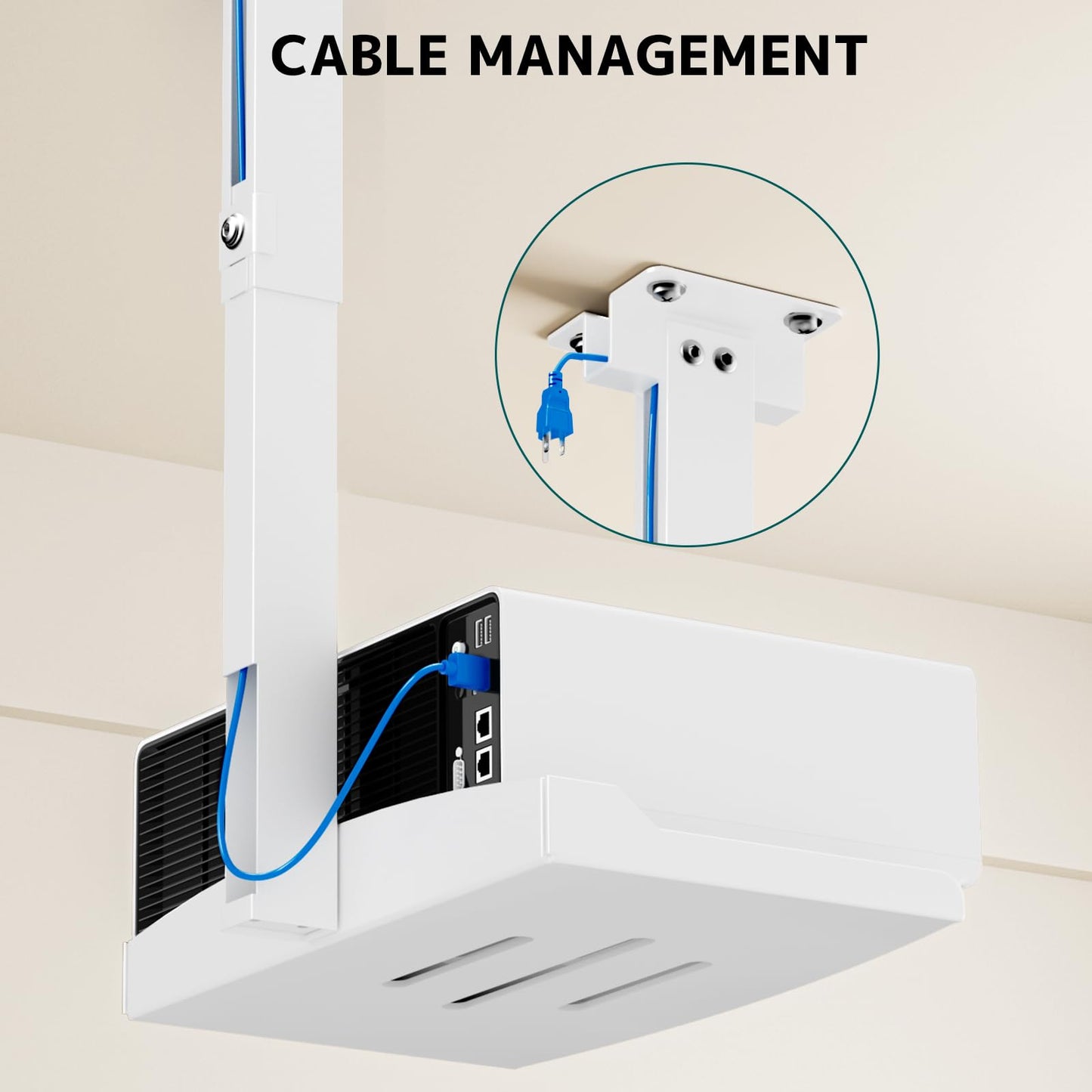 Projector Ceiling Mount with Tray, No Hole Installation, Holds up to 22 lbs – Ideal for Home Theater & Office (White)