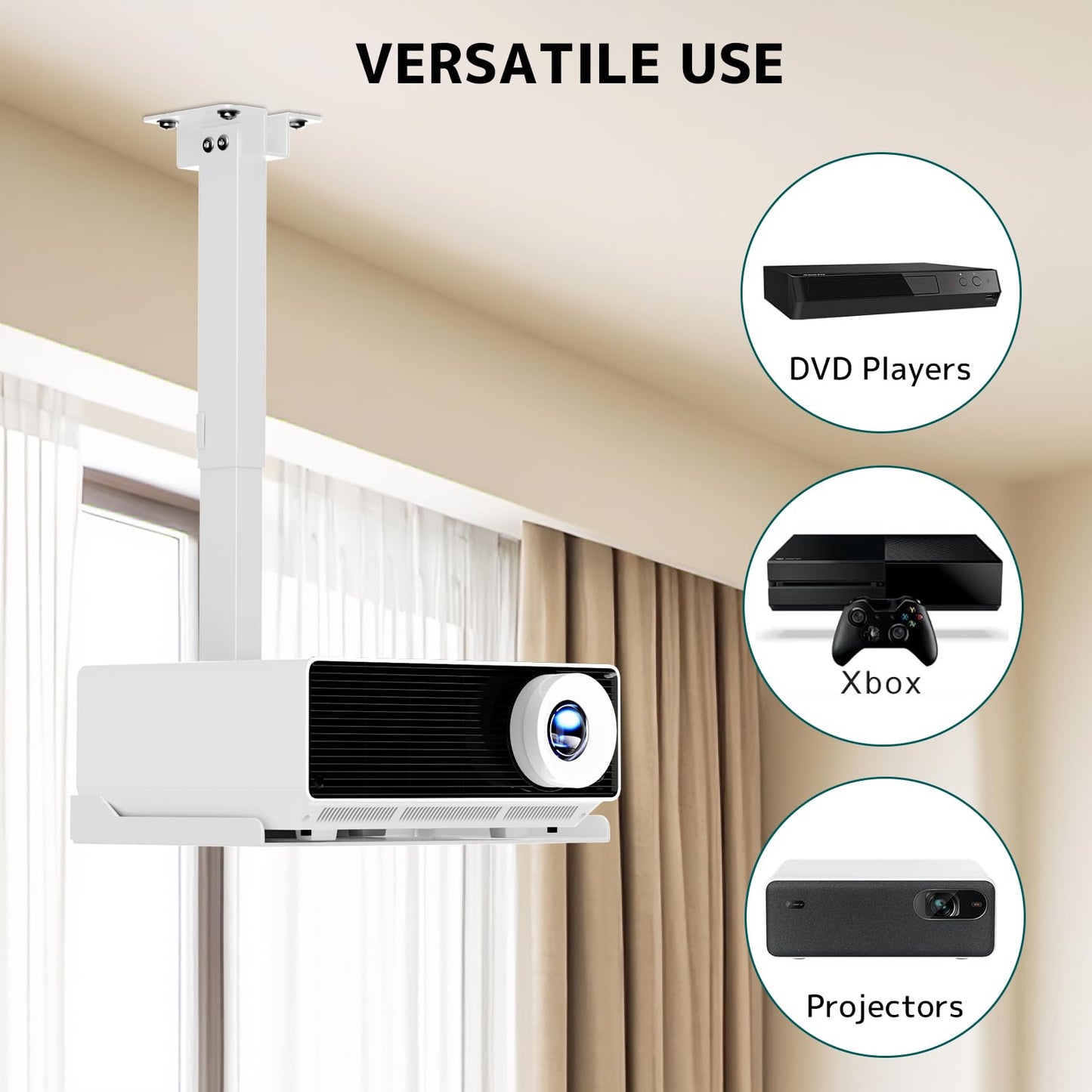 Projector Ceiling Mount with Tray, No Hole Installation, Holds up to 22 lbs – Ideal for Home Theater & Office (White)