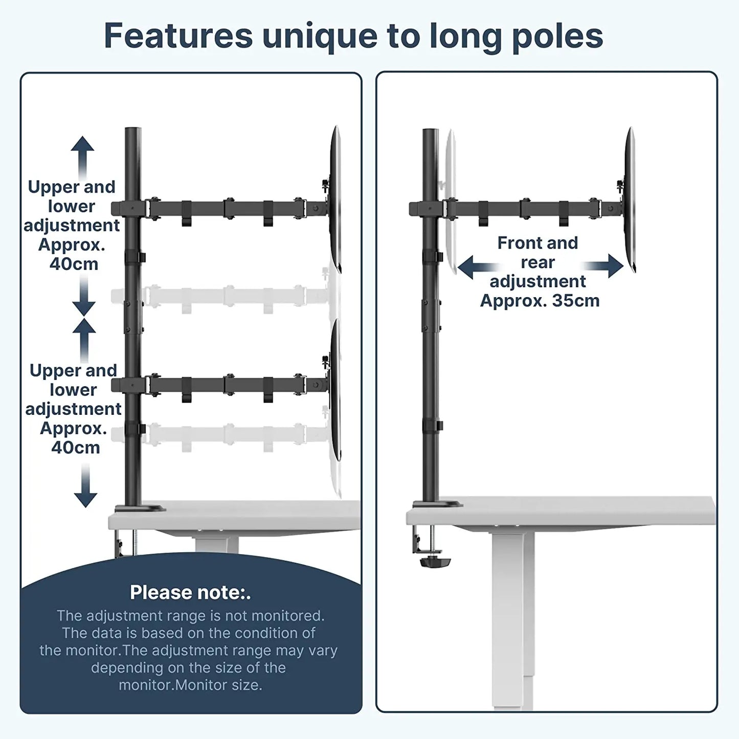 Monitor Mount 2 Monitors Vertical (80cm Bar) Bar height adjustable for 17"-32" inch screens VESA 75/100 8 kg Load capacity PUTORSEN