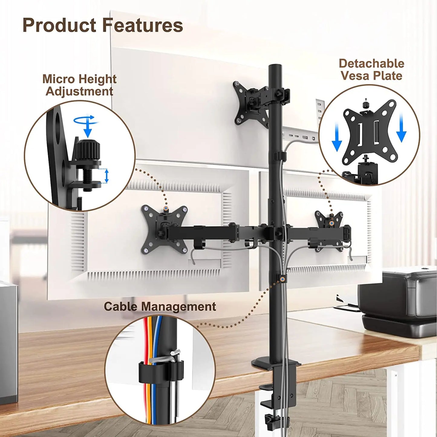 PUTORSEN®Monitor Halterung 3 Monitore für 17-32 Zoll Flach & Curved Bildschirm, 80cm Stange Monitor Tischhalterung Schwenkbar Neigbar Höhenverstellbar, 9 kg pro Arm, VESA 75x75/100x100, Schwarz PUTORSEN