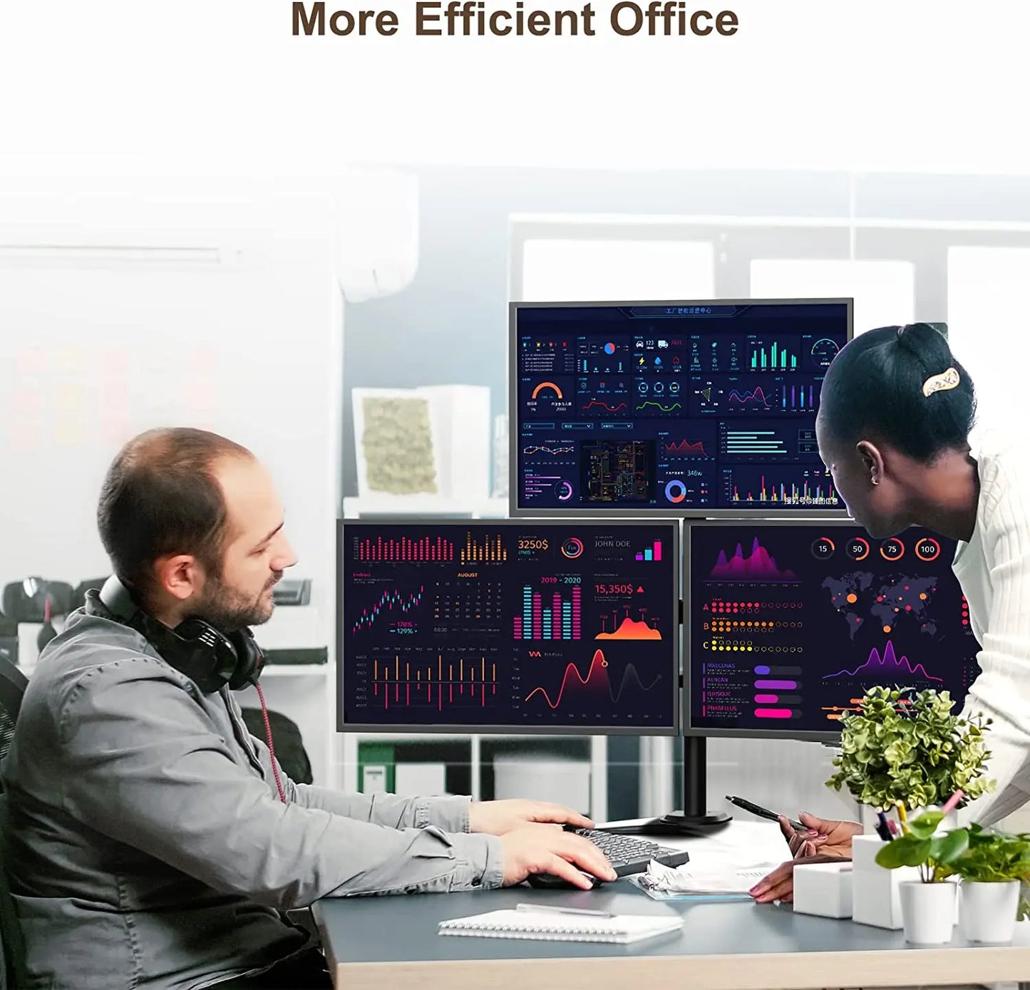 PUTORSEN®Monitor Halterung 3 Monitore für 17-32 Zoll Flach & Curved Bildschirm, 80cm Stange Monitor Tischhalterung Schwenkbar Neigbar Höhenverstellbar, 9 kg pro Arm, VESA 75x75/100x100, Schwarz PUTORSEN
