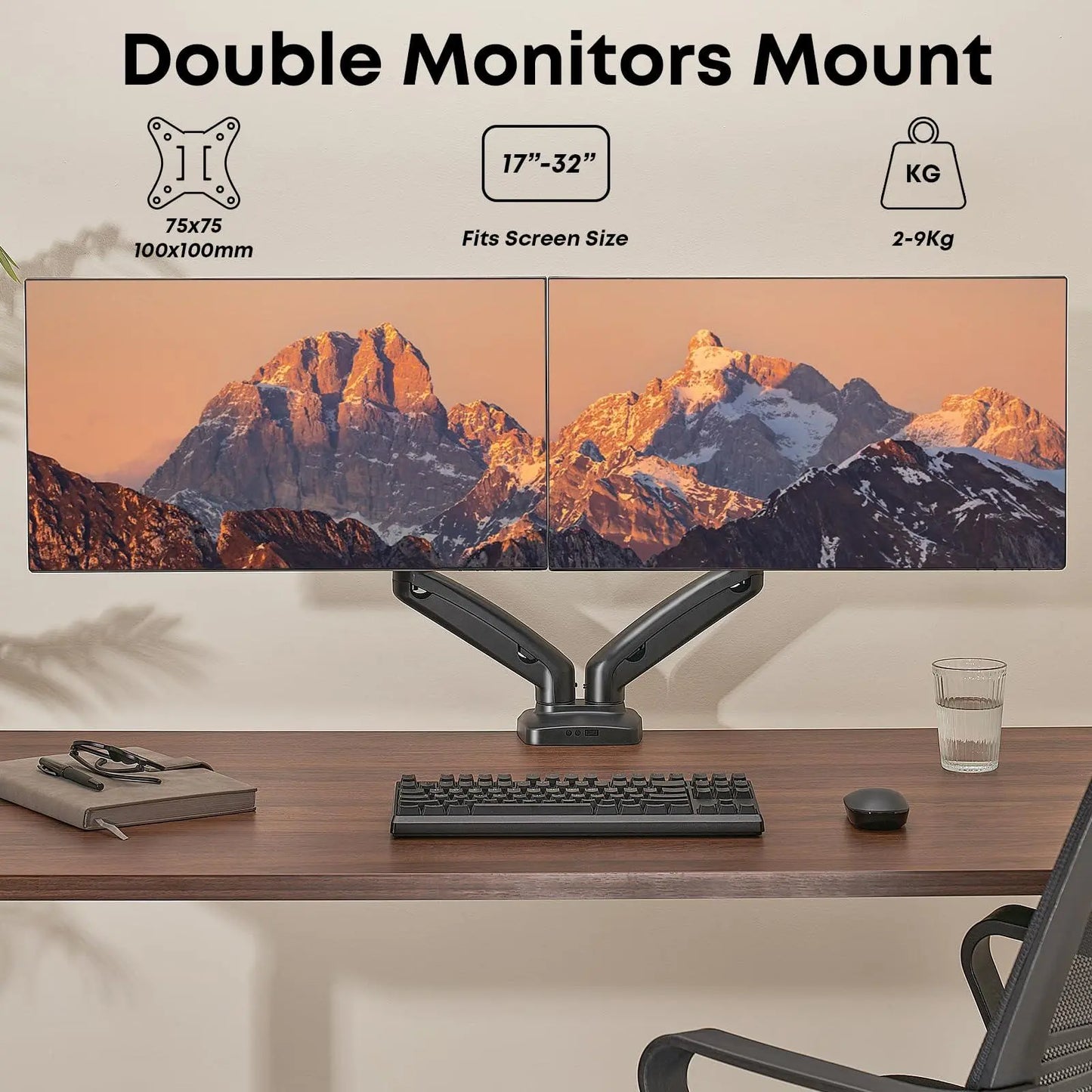 PUTORSEN Screen Mount 2 Monitors for 13-32 Inch Flat & Curved Screens, Monitor Mount 2 Monitors Height Adjustable, 9 kg/arm, Tiltable Swivel, VESA 75/100 mm Desk Mount PUTORSEN