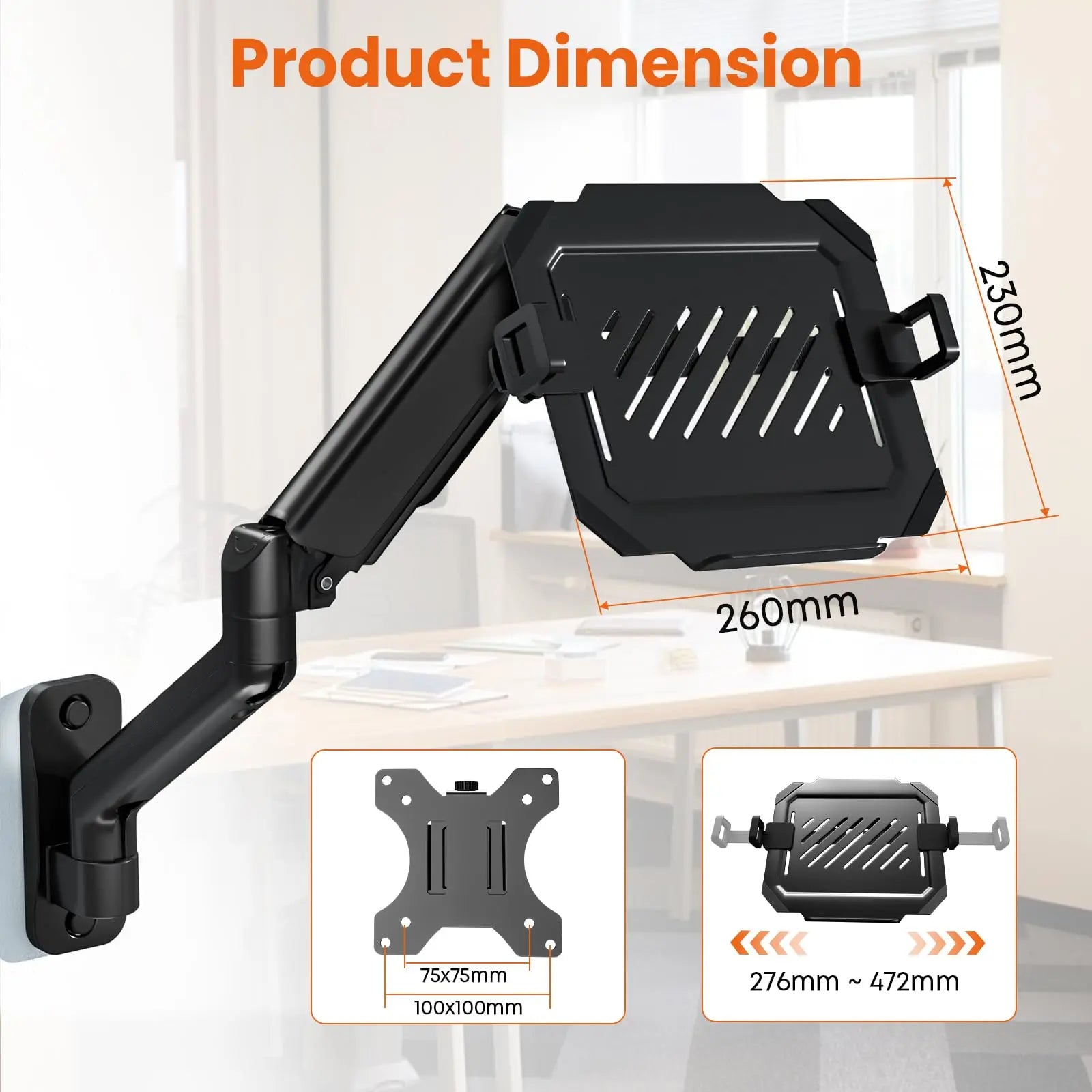 2-in-1 Laptop Wall Mount with Detachable Tray | Gas Spring Adjustable Arm for 12-17 Inch Laptops & Monitors | Full Motion Articulating Stand | Holds 2.2-19.8 lbs (Black) PUTORSEN