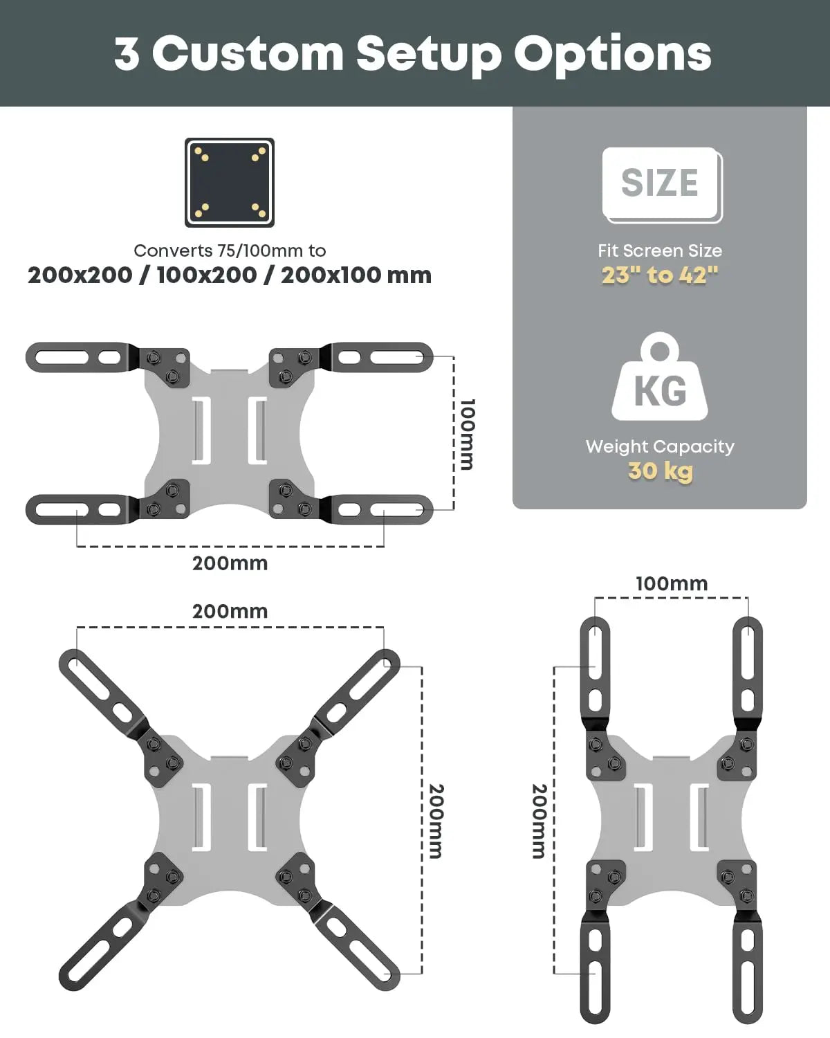 200x200 VESA Adapter Mount Bracket, Fits 23-42" Monitors & TVs, 66 lbs Load Capacity, Converts VESA 75x75/100x100mm to 200x200/100x200/200x100mm, Solid Steel, Hardware Included, Black PUTORSEN