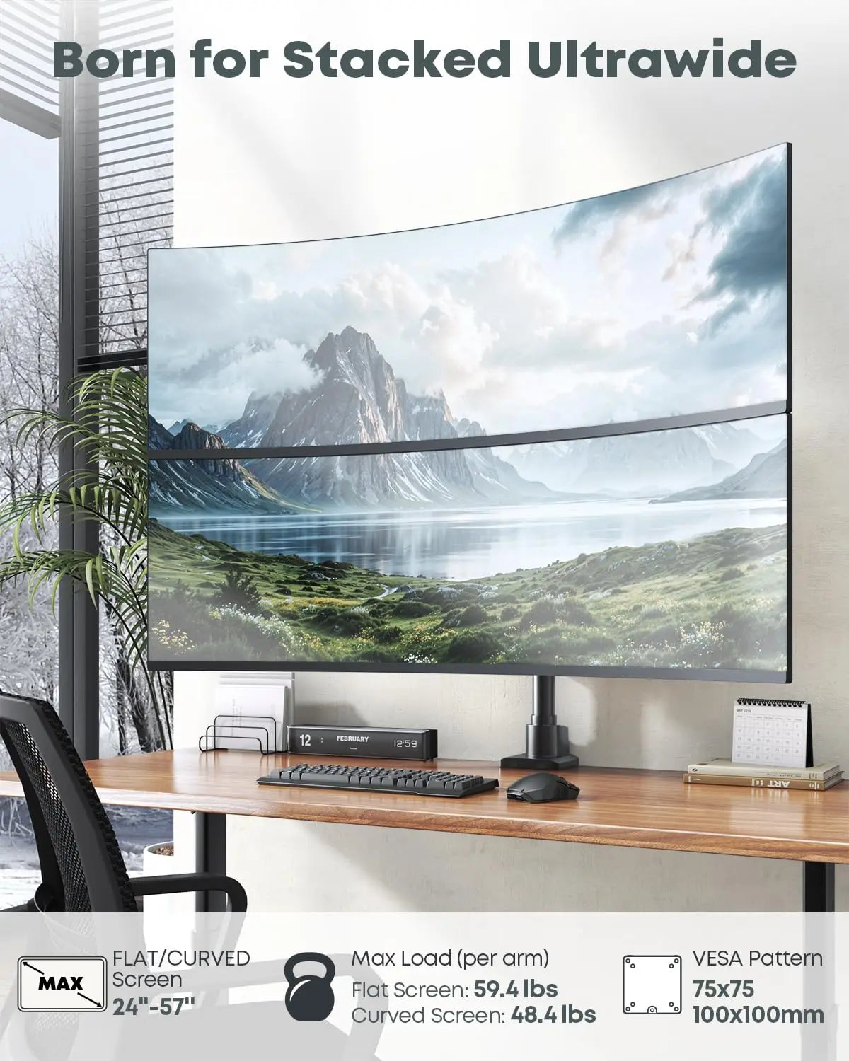 24-57 inch Vertical Dual Monitor Mount, Adjustable Stacked Double Monitor Desk Mount Stand, Max Load 59.4 lbs (per Arm), VESA 75/100 mm PUTORSEN