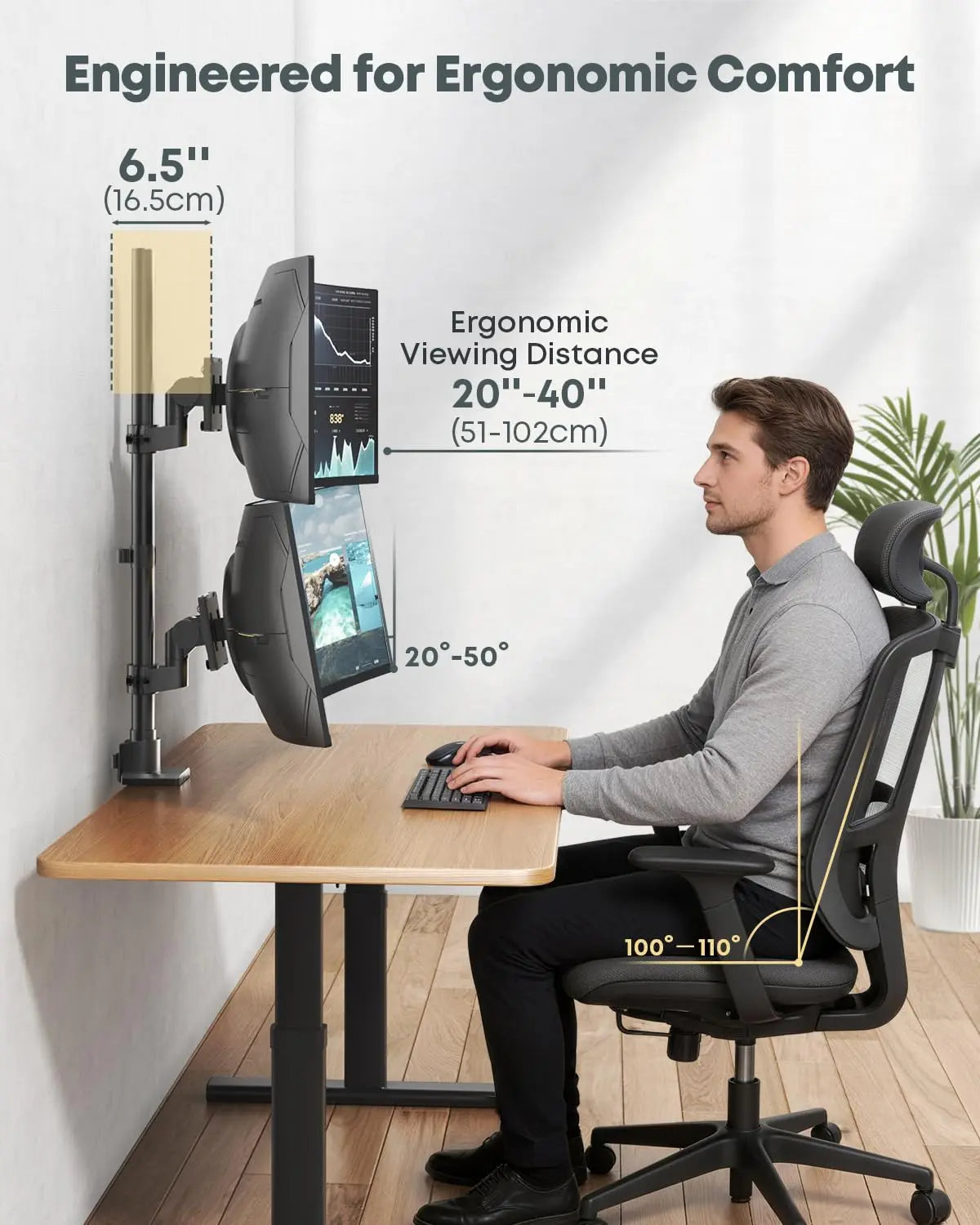24-57 inch Vertical Dual Monitor Mount, Adjustable Stacked Double Monitor Desk Mount Stand, Max Load 59.4 lbs (per Arm), VESA 75/100 mm PUTORSEN
