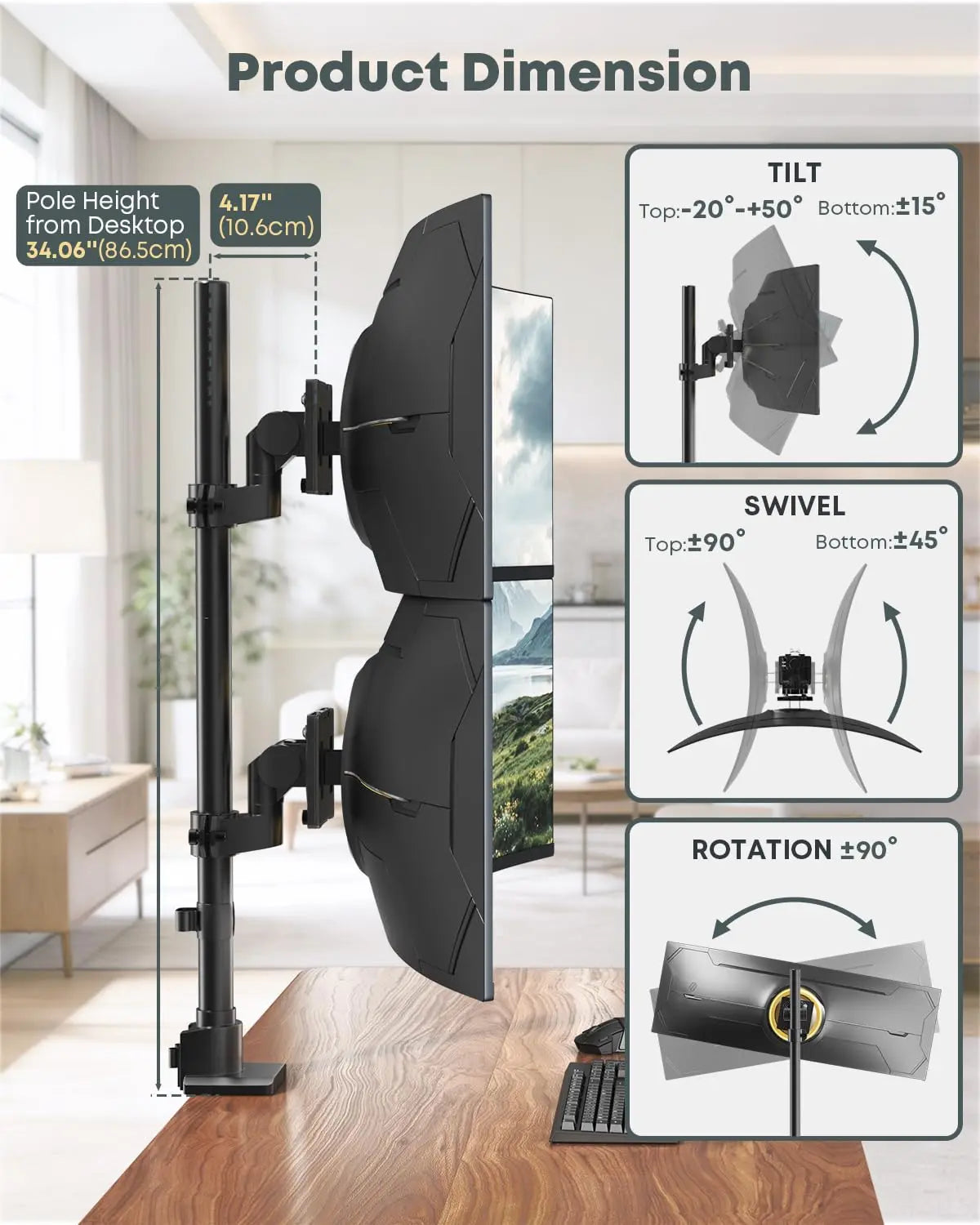 24-57 inch Vertical Dual Monitor Mount, Adjustable Stacked Double Monitor Desk Mount Stand, Max Load 59.4 lbs (per Arm), VESA 75/100 mm PUTORSEN