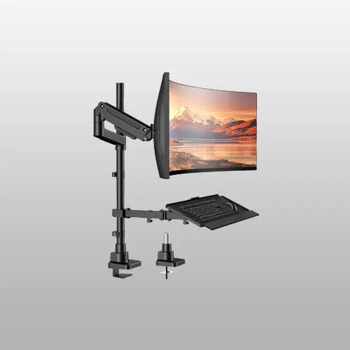 49" Heavy-Duty Sit-Stand Monitor Arm with Keyboard Tray, 44.4 lbs Capacity, 32" Full-Motion Pneumatic Spring Arm, C-Clamp & Grommet Mount, Black PUTORSEN