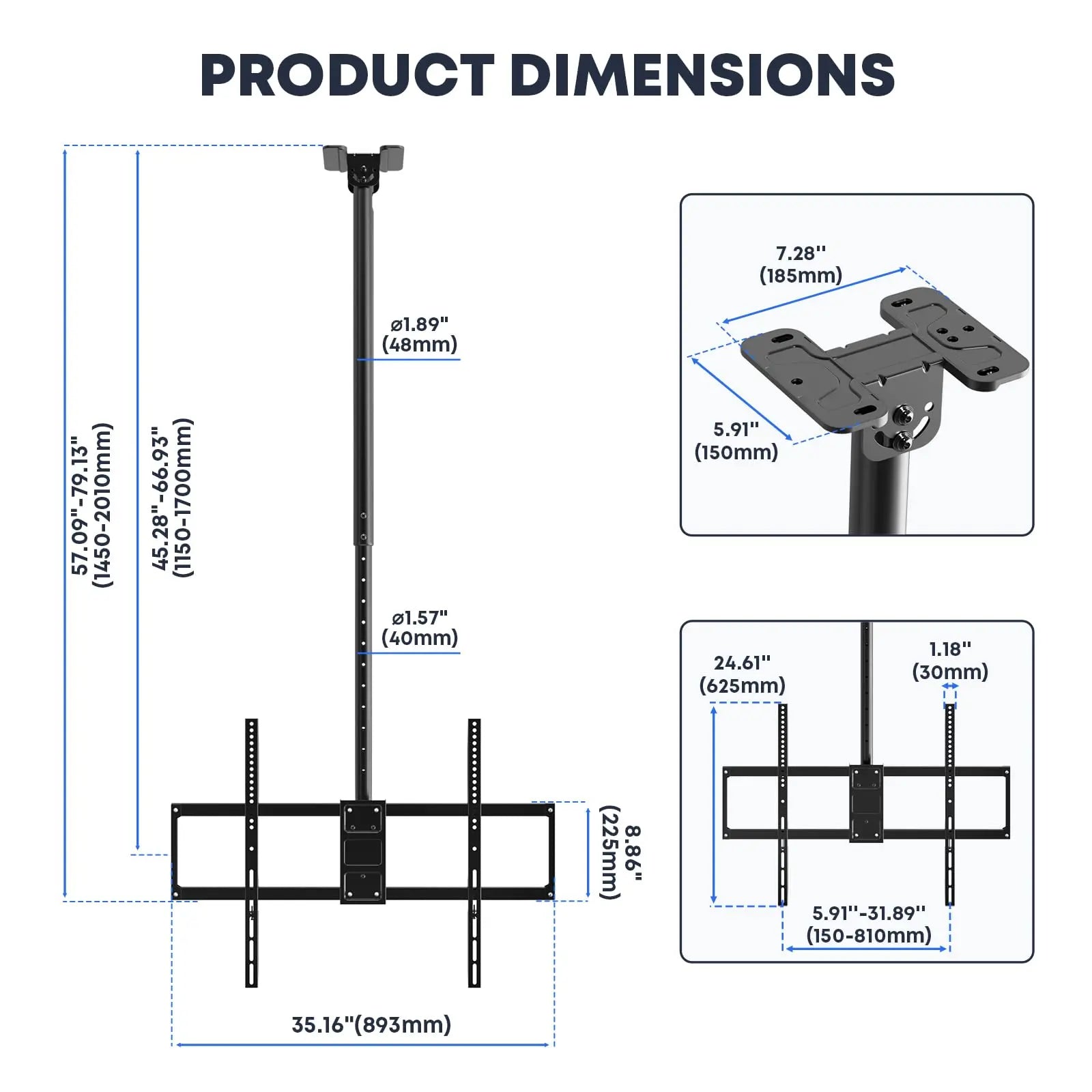 50-100'' Swivel TV Ceiling Mount, up to 176lbs, 45.3-66.9'' Adjustable Height Hanging TV Mount, Max VESA 800x600 mm PUTORSEN