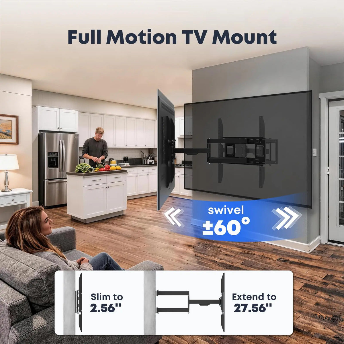 60-120" Heavy-Duty Full Motion TV Wall Mount, Supports up to 264 lbs, Swivel, Tilt & Level Adjustment, Post-Install Angle Tuning, 27.56" Extension, Preassembled for 16/18" Studs, Max VESA 900x600mm PUTORSEN