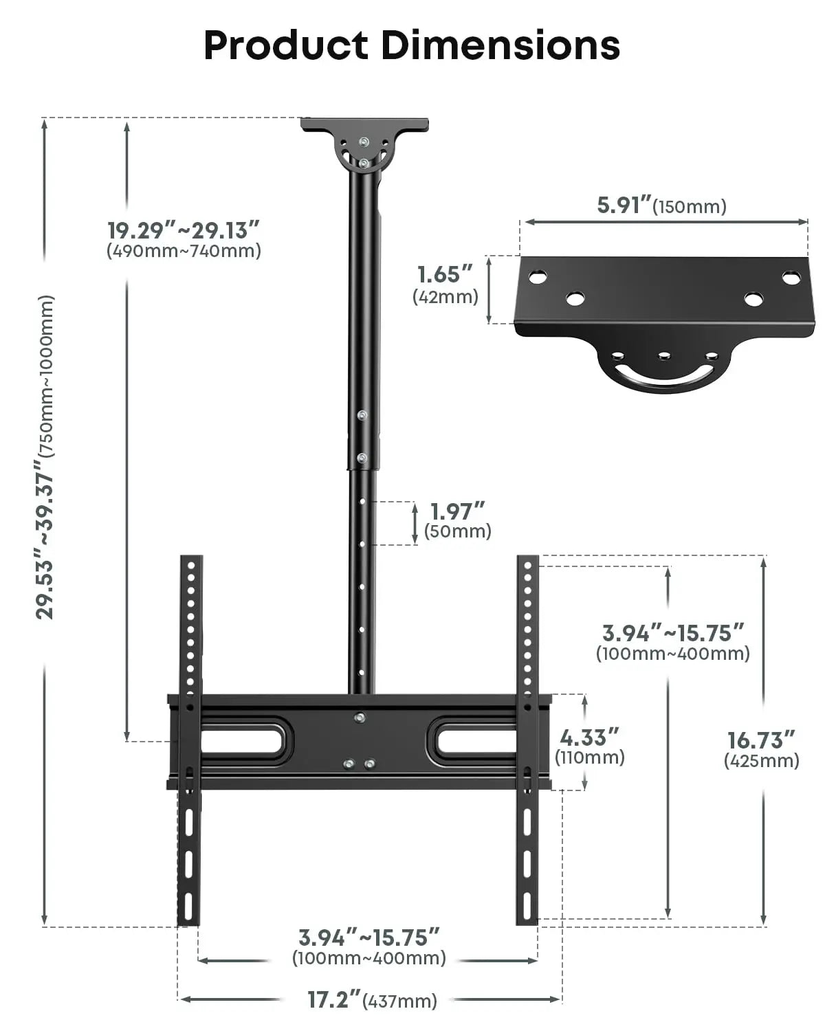 Ceiling TV Mount for 26"–65" Televisions, Full Motion Tilt & 360° Swivel, Heavy-Duty Construction, Height Adjustable, Max VESA 400x400mm, Supports Up to 99 lbs, Works for Flat & Sloped Ceilings, Black PUTORSEN