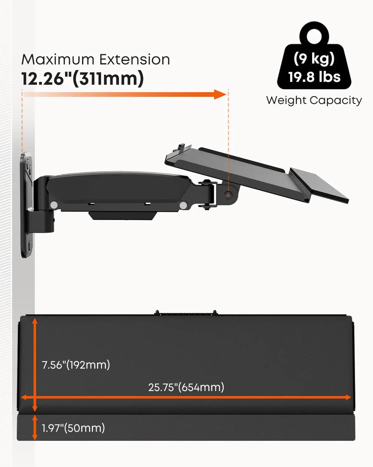 Compact Wall Mount Keyboard Tray, 26" Keyboard & Mouse Platform, Spring Arm, Height Adjustable Ergonomic Typing Tray, Anti-Slip Wrist Pad, Holds up to 19.8 lbs PUTORSEN