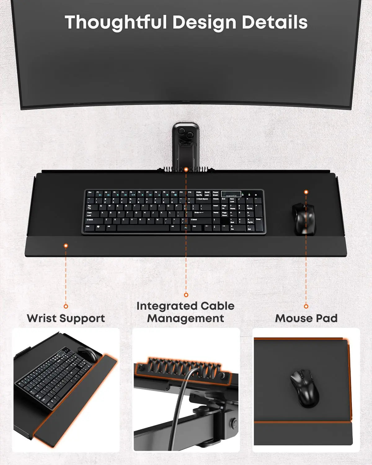 Compact Wall Mount Keyboard Tray, 26" Keyboard & Mouse Platform, Spring Arm, Height Adjustable Ergonomic Typing Tray, Anti-Slip Wrist Pad, Holds up to 19.8 lbs PUTORSEN