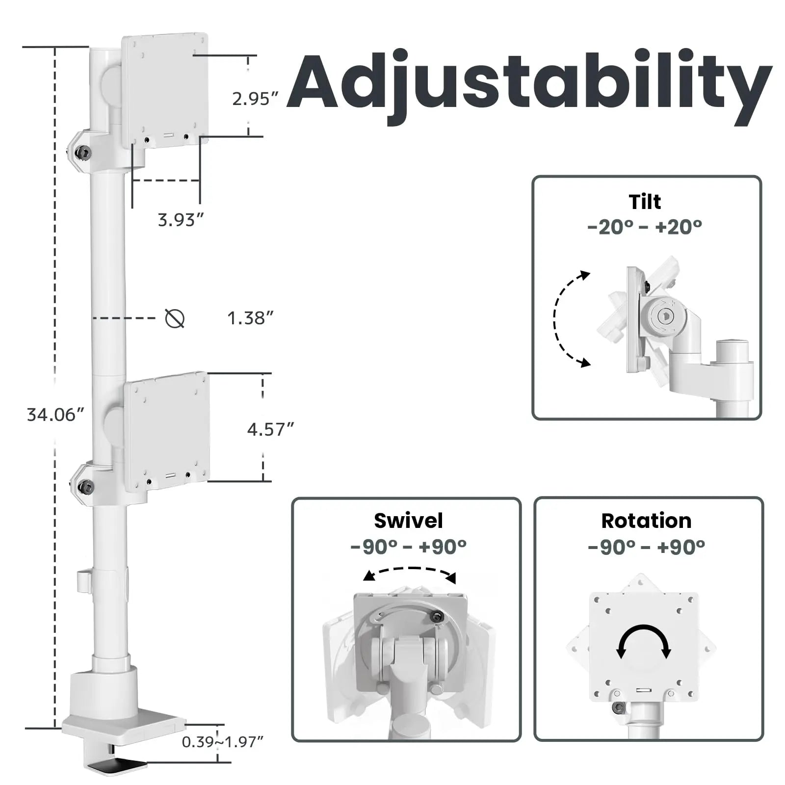 Dual Monitor-Arm Heavy Duty Ultrawide - 24-57 inch Vertical Dual Monitor Mount, Adjustable Stacked Double Monitor Desk Mount Stand, Max Load 59.4 lbs (per Screen), VESA 75/100 mm, White PUTORSEN