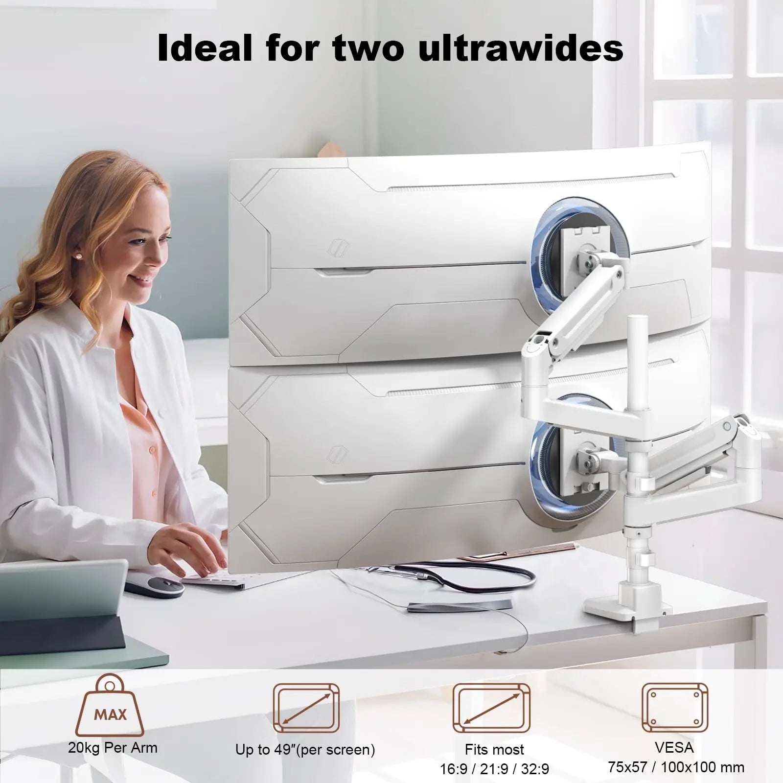 Dual Monitor-Arm Heavy-Duty for 17-49-inch Screens - Vertical Stacked Dual Monitor Mount Stand for Ultrawide Screens up to 44lbs, Aluminum,Full Motion, VESA 75/100 mm, White PUTORSEN