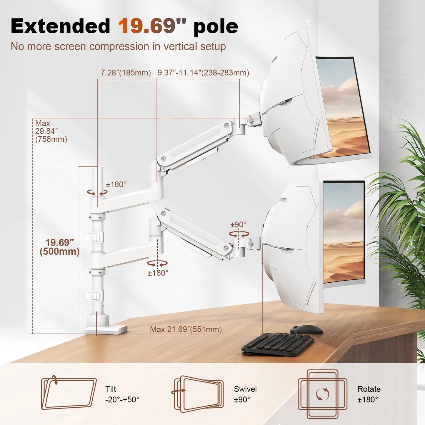 Dual Monitor-Arm Heavy-Duty for 17-49-inch Screens - Vertical Stacked Dual Monitor Mount Stand for Ultrawide Screens up to 44lbs, Aluminum,Full Motion, VESA 75/100 mm, White PUTORSEN