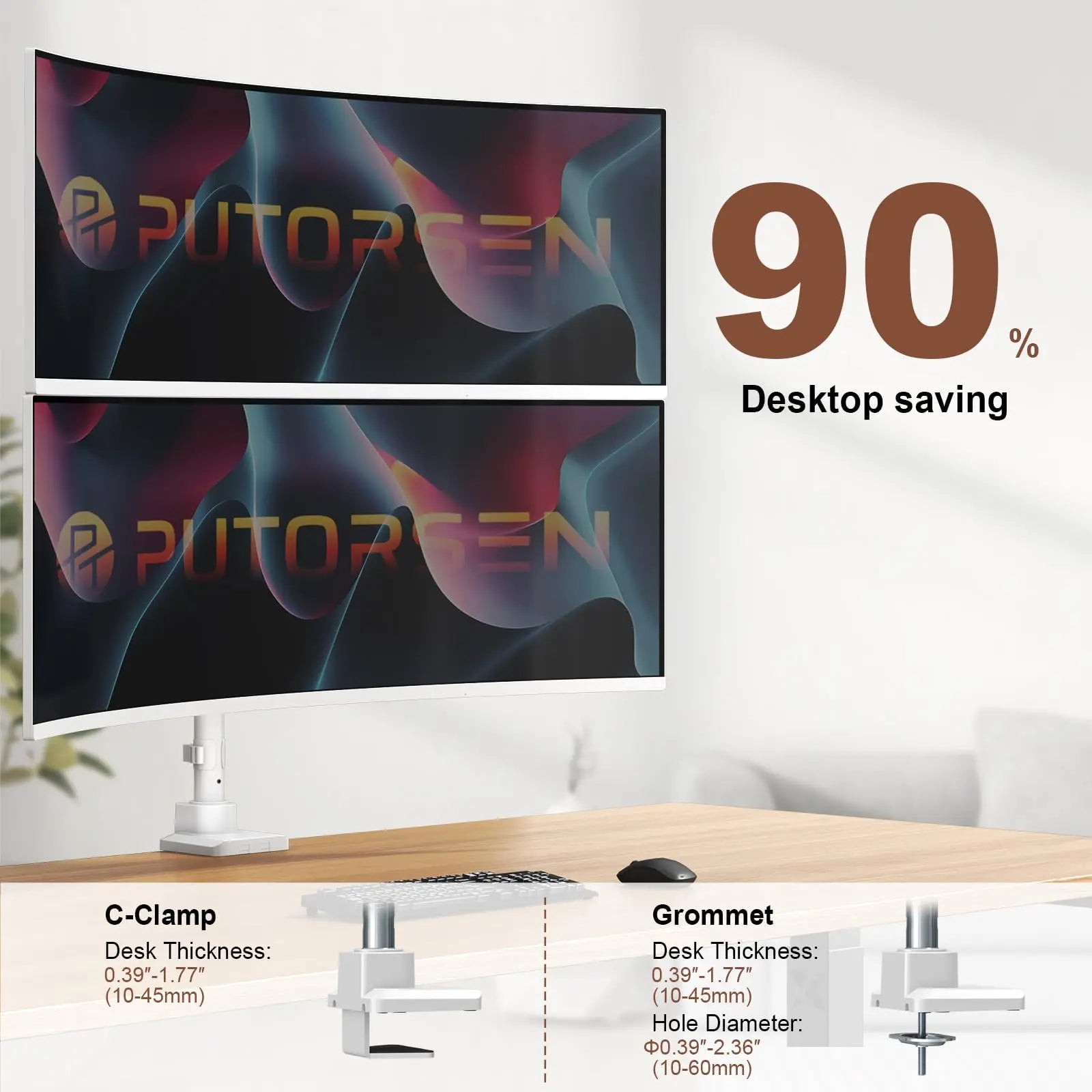 Dual Monitor-Arm Heavy-Duty for 17-49-inch Screens - Vertical Stacked Dual Monitor Mount Stand for Ultrawide Screens up to 44lbs, Aluminum,Full Motion, VESA 75/100 mm, White PUTORSEN