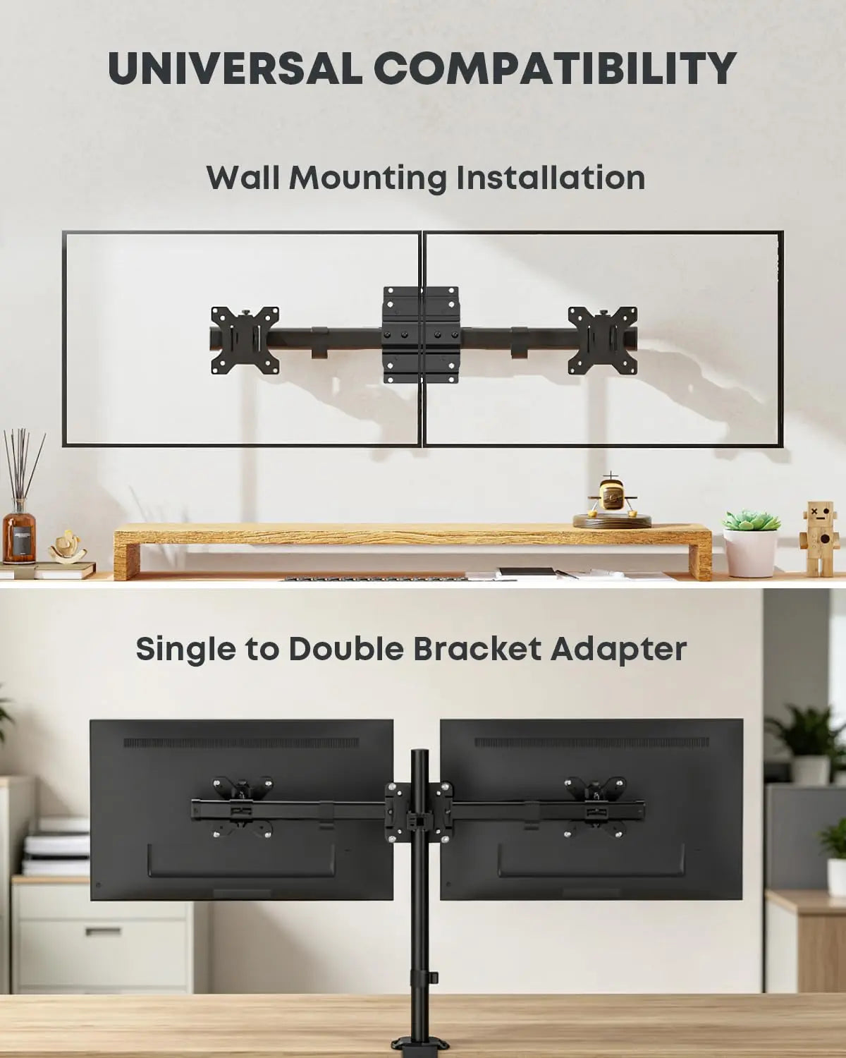 Dual Monitor Wall Mount, Fits 13-27" Screens, Single to Double Bracket Adapter, Ultra-Slim Wall Gap, Horizontal Mounting, 22 lbs Per Arm Max, VESA 75x75/100x100mm, Black PUTORSEN