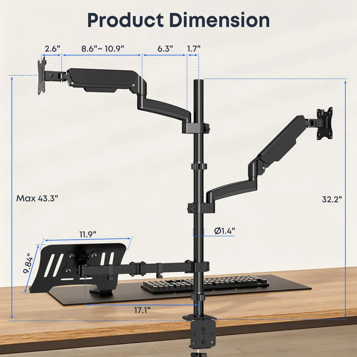 Dual Monitor & Laptop Desk Mount, Fits 32" Monitors & 10-17" Laptops, 19.8 lbs Per Arm, Extra Long Pole, Full Motion & Height Adjustable, C-Clamp Base PUTORSEN