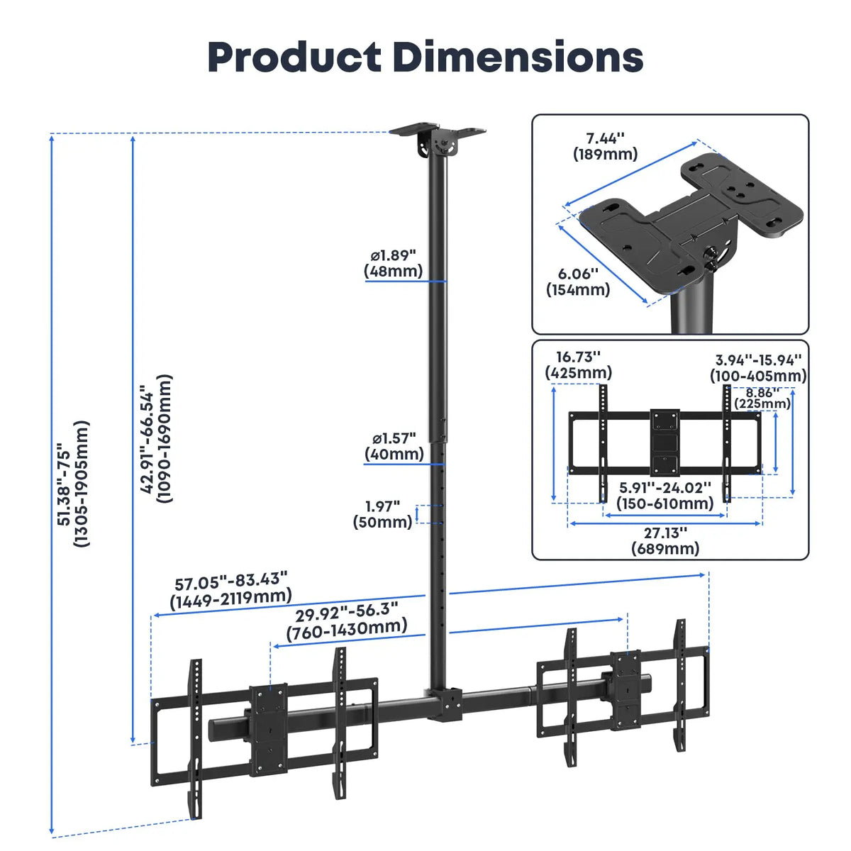 Dual TV Ceiling Mount, Fits 34-60" TVs, Supports up to 88 lbs Per Side, 42.9-66.5" Height Adjustable, Swivel & Tilt, Level Adjustment, Safety Lock, Max VESA 600x400mm PUTORSEN