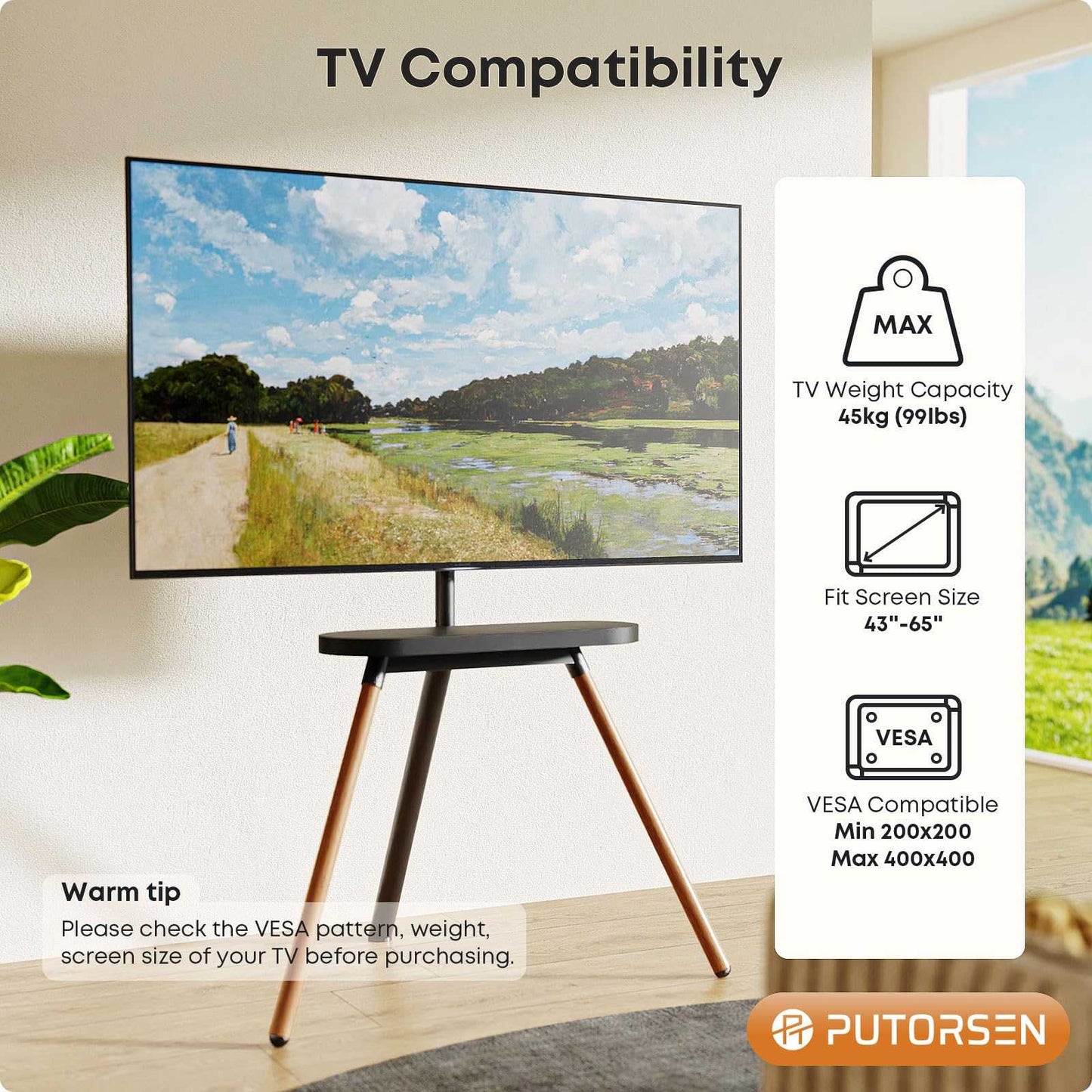 PUTORSEN Easel Universal TV Stand for 43 to 65 Inch TV Rotatable Height Adjustable with Stable Steel Base Can Support up to 40 kg VESA Max 400 x 400 mm PUTORSEN Easel Universal TV Stand for 43 to 65 Inch TV Rotatable Height Adjustable with Stable Steel Base Can Support up to 40 kg VESA Max 400 x 400 mm