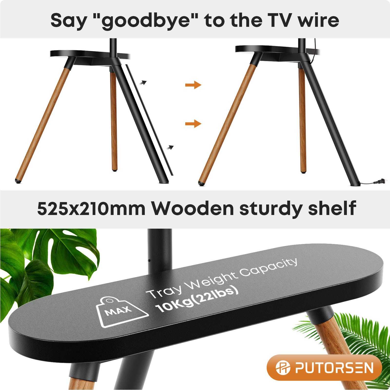 PUTORSEN Solid Wood Easel TV Stand with Media Shelf for 45-65 Inch TVs 