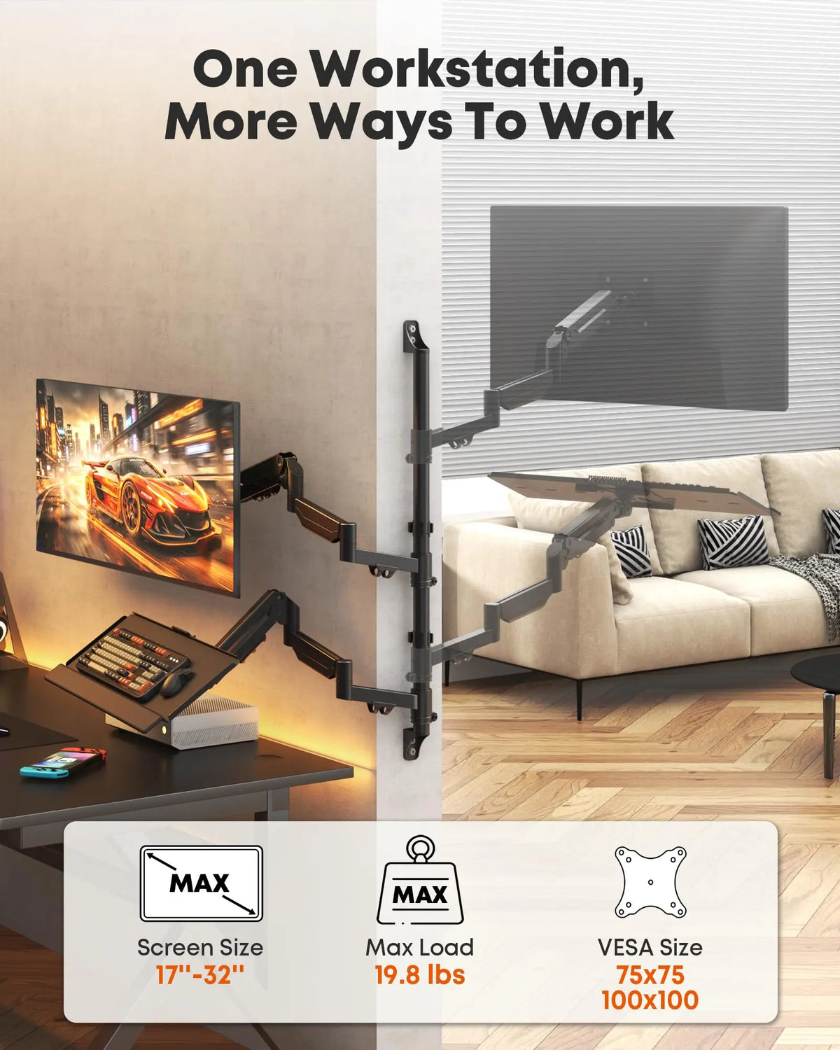 Extra Long Gas Spring Wall Mount with Keyboard Tray for 17-32 Inch Monitors, Full Motion & Height Adjustable, Holds up to 19.8 lbs, VESA 75x75/100x100 mm, Black PUTORSEN